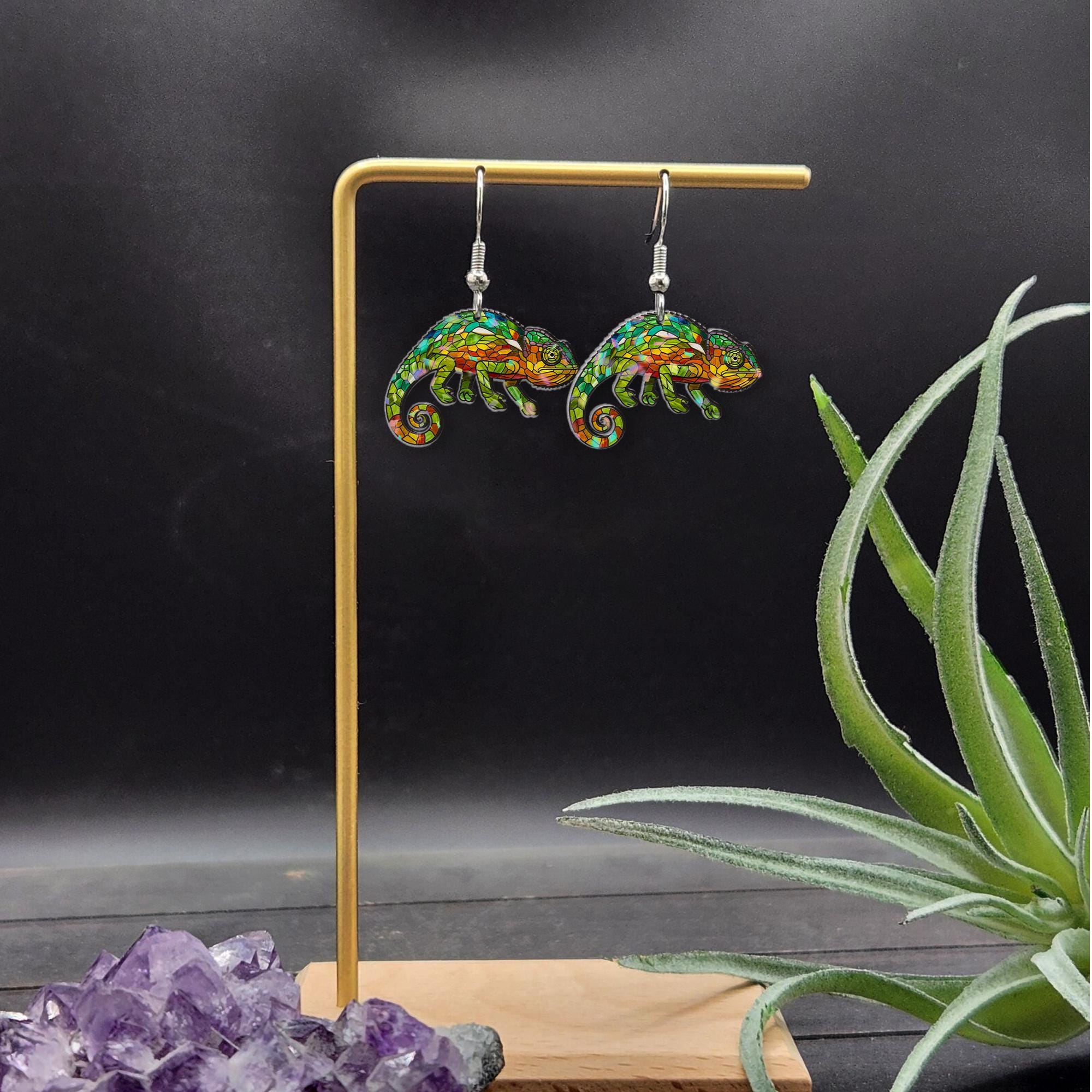 Colorful Chameleon Acrylic Earrings, Lizard Jewelry, Reptile Lover Gift, Fun Animal Dangle Earrings for Nature Fans, Tropical Gift For Mom