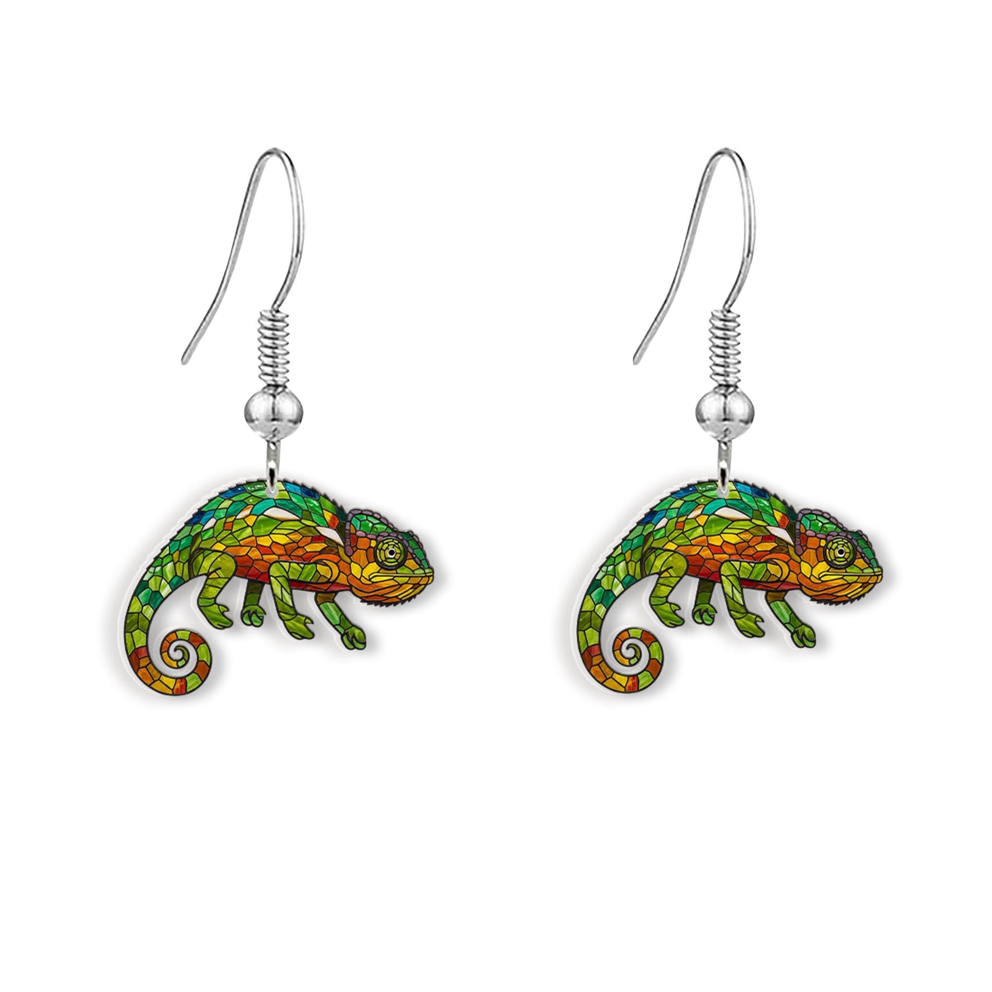 Colorful Chameleon Acrylic Earrings, Lizard Jewelry, Reptile Lover Gift, Fun Animal Dangle Earrings for Nature Fans, Tropical Gift For Mom