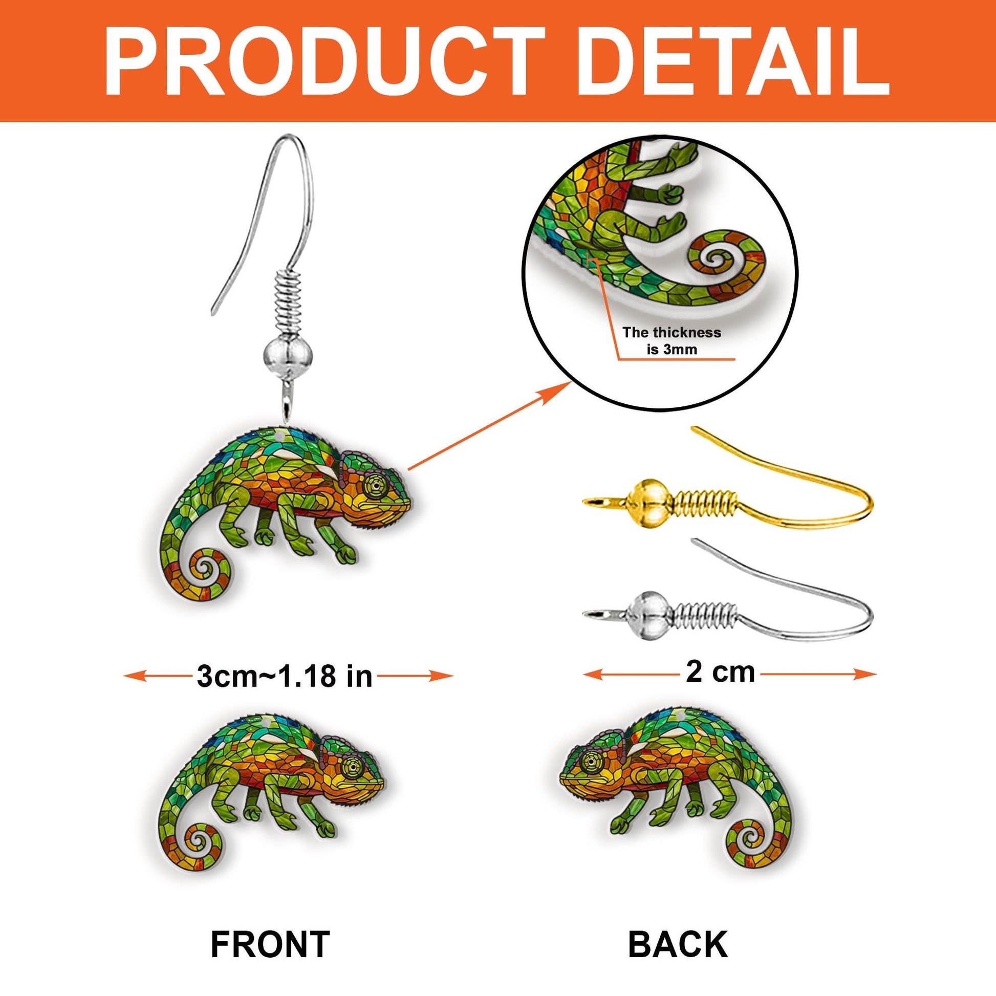 Colorful Chameleon Acrylic Earrings, Lizard Jewelry, Reptile Lover Gift, Fun Animal Dangle Earrings for Nature Fans, Tropical Gift For Mom