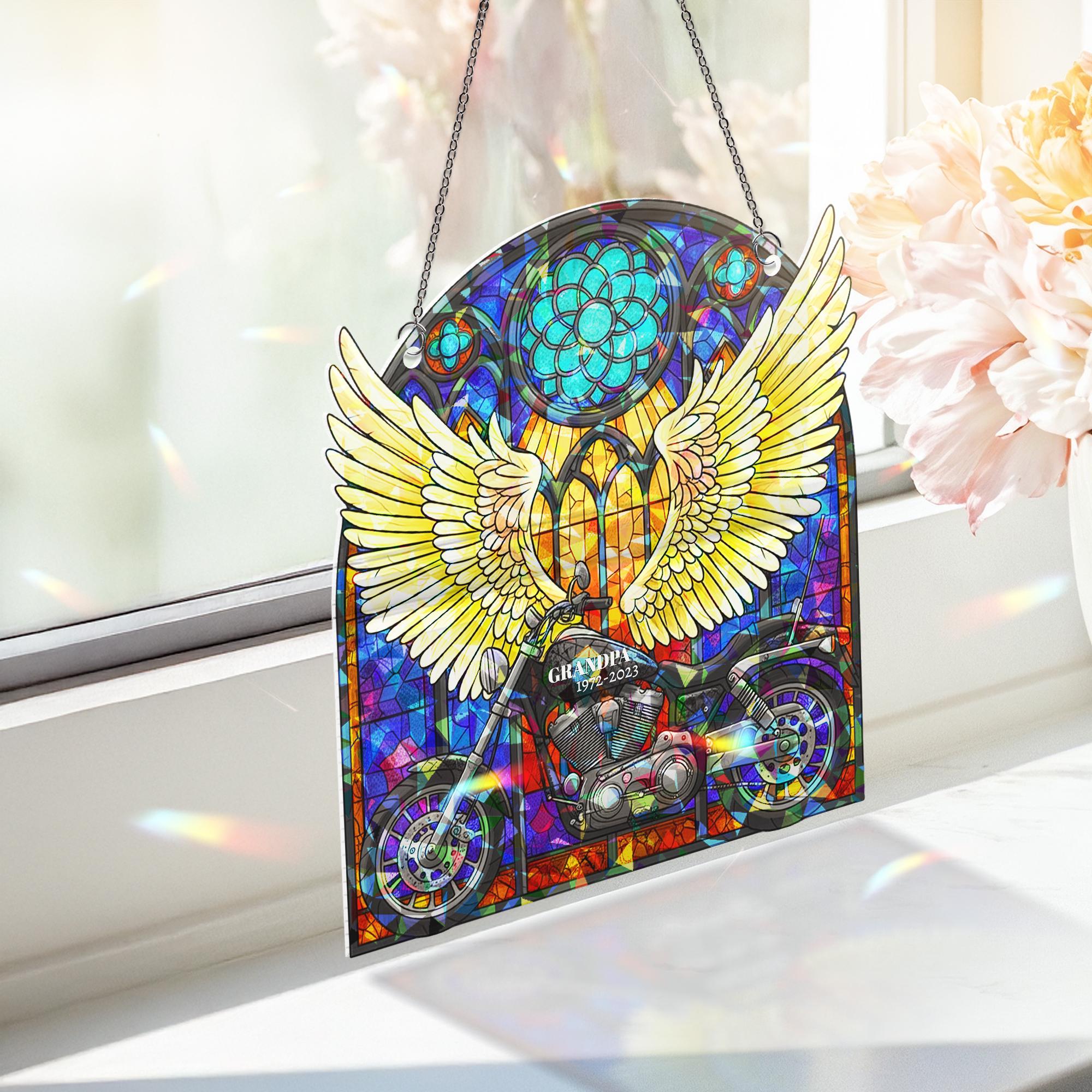 Memorial Father’s Day Suncatcher | Custom Holographic Acrylic Angel Wings & Motorcycle | In Loving Memory Window Tribute Gift