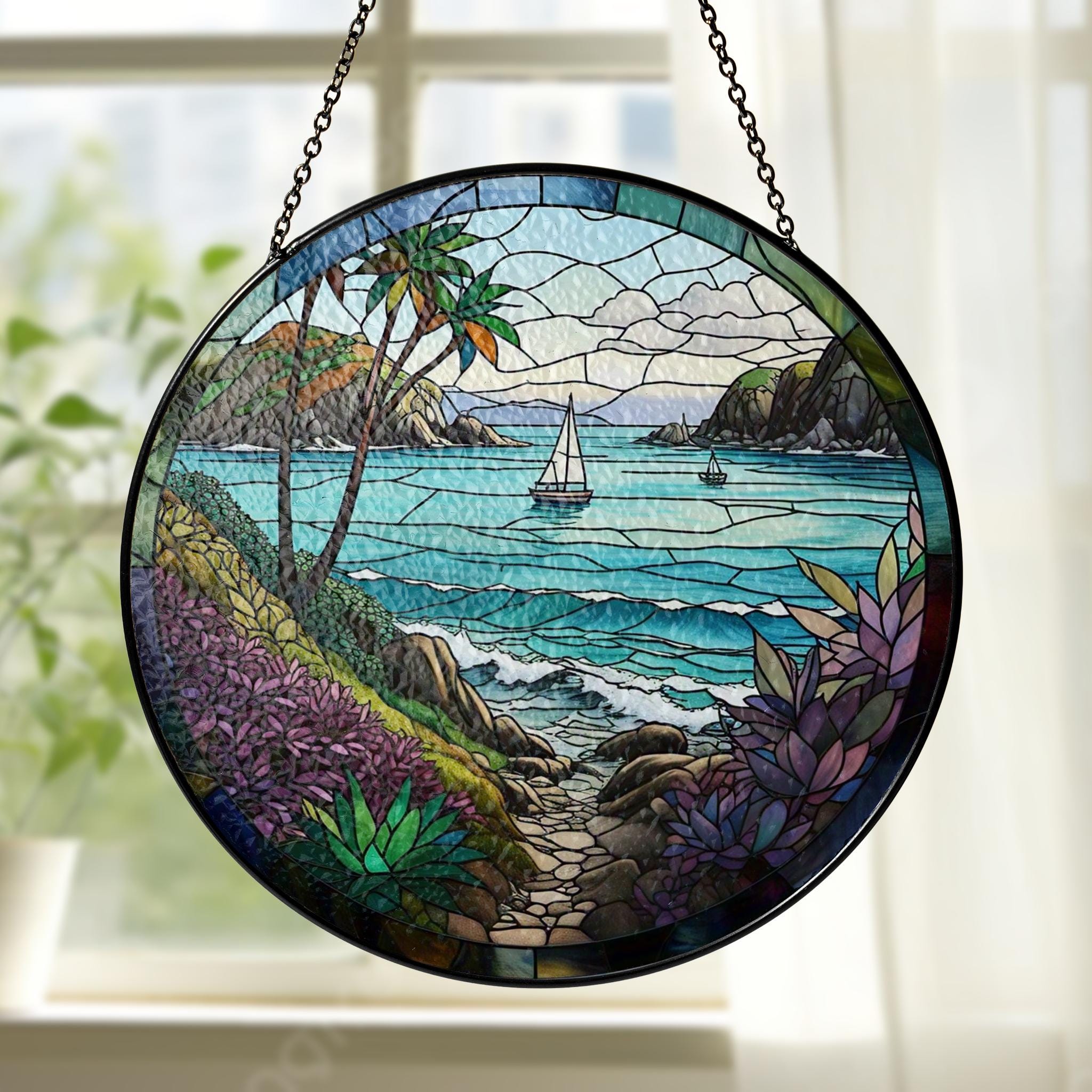 Coastal Scene Glass Suncatcher | Beach Ocean Window Hanging | Nautical Summer Decor | Sea Lover Gift | Handmade Coastal Art