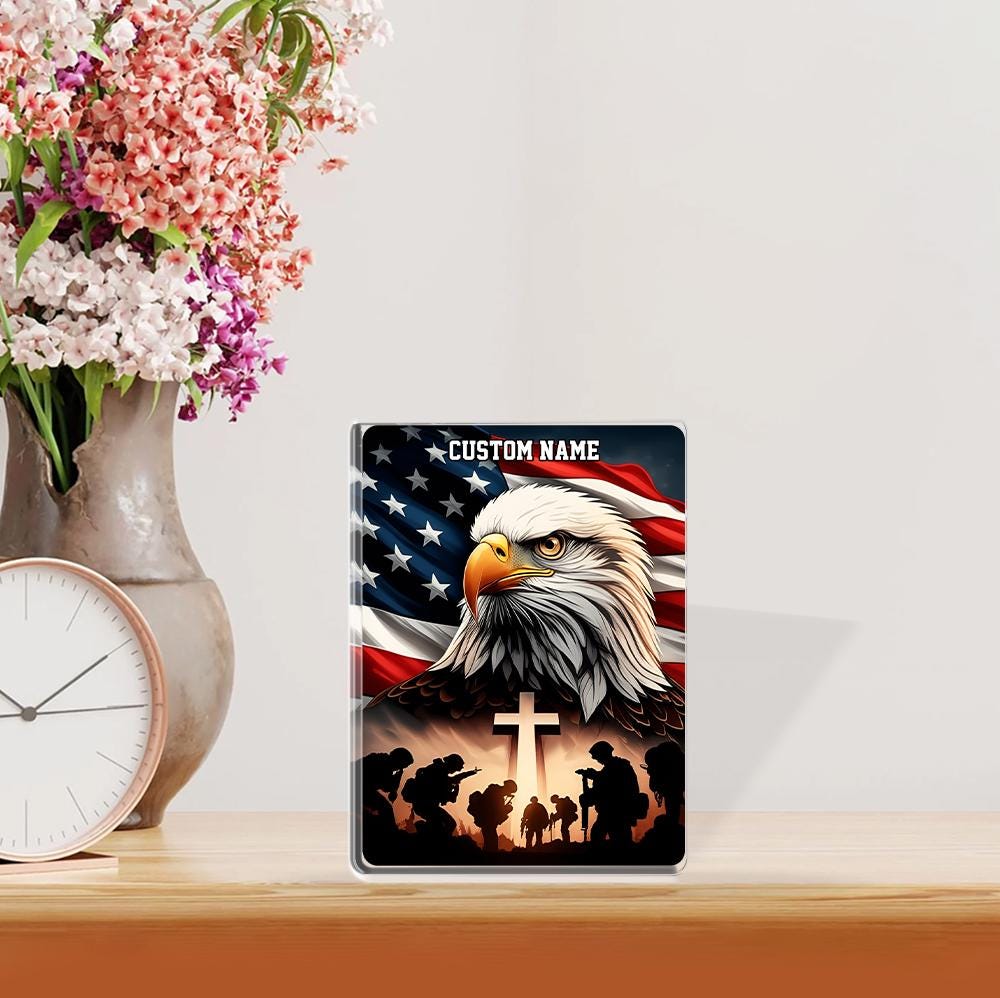 Remembering Our Heroes Acrylic Block Plaque - Patriotic Eagle, Soldiers, and Cross - Personalized Memorial Gift - 4th of July, Veterans Day
