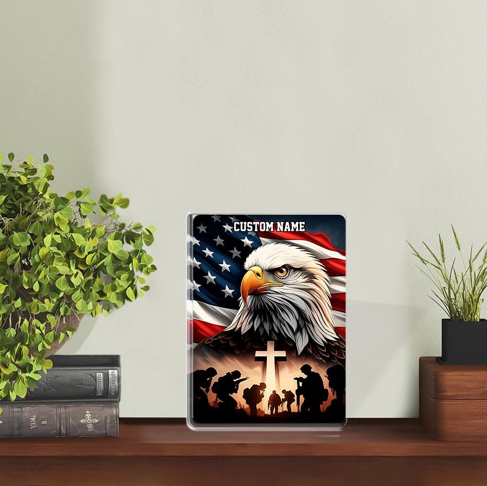 Remembering Our Heroes Acrylic Block Plaque - Patriotic Eagle, Soldiers, and Cross - Personalized Memorial Gift - 4th of July, Veterans Day