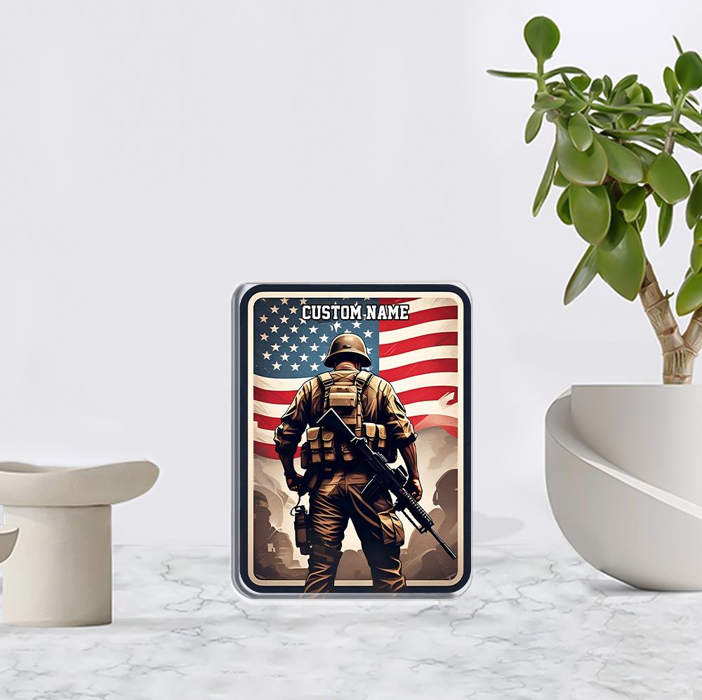 Personalized US Soldier Acrylic Block Plaque with American Flag Backdrop - A Meaningful Veteran Gift, Military Tribute, Patriotic Home Decor