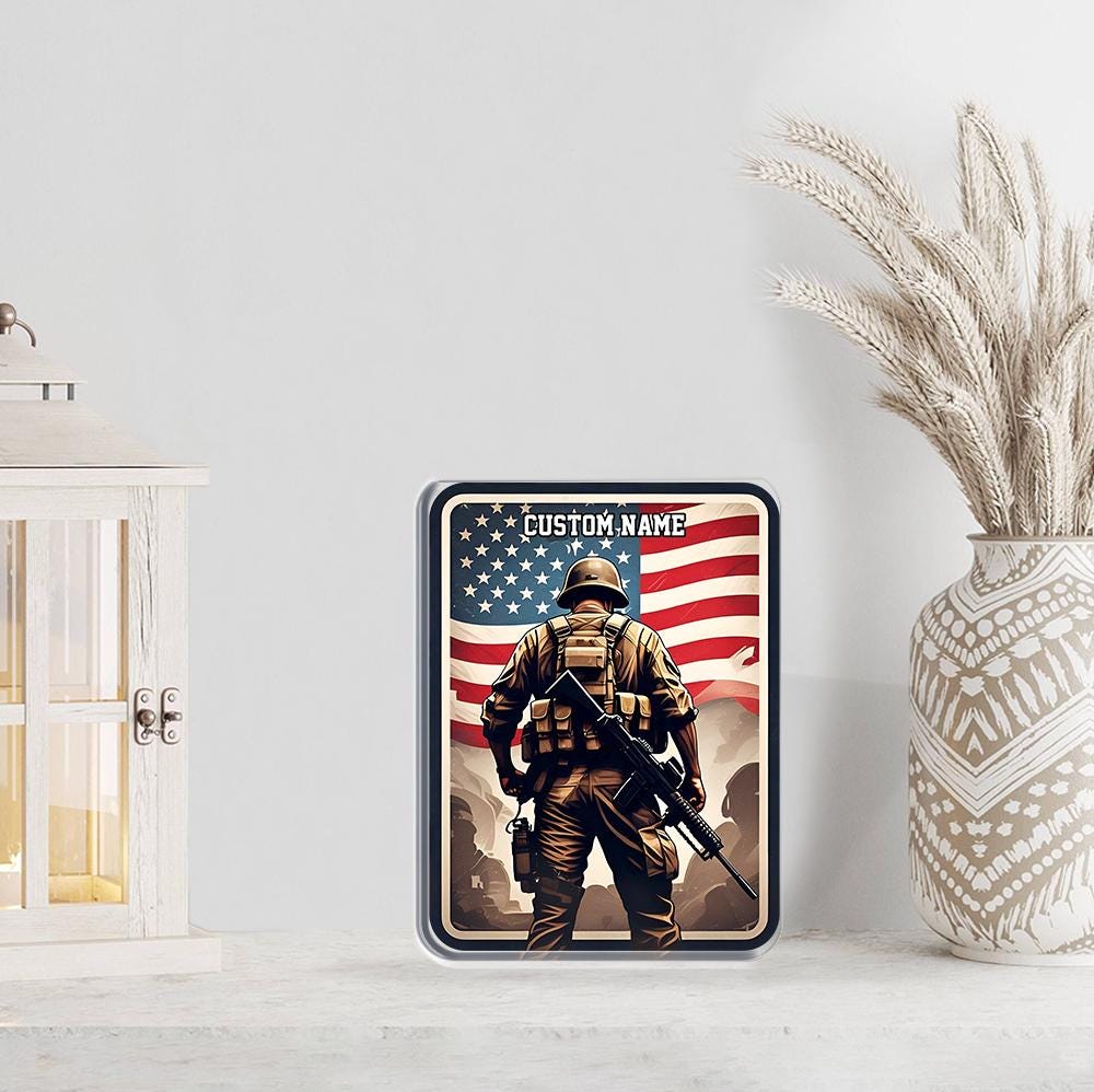 Personalized US Soldier Acrylic Block Plaque with American Flag Backdrop - A Meaningful Veteran Gift, Military Tribute, Patriotic Home Decor