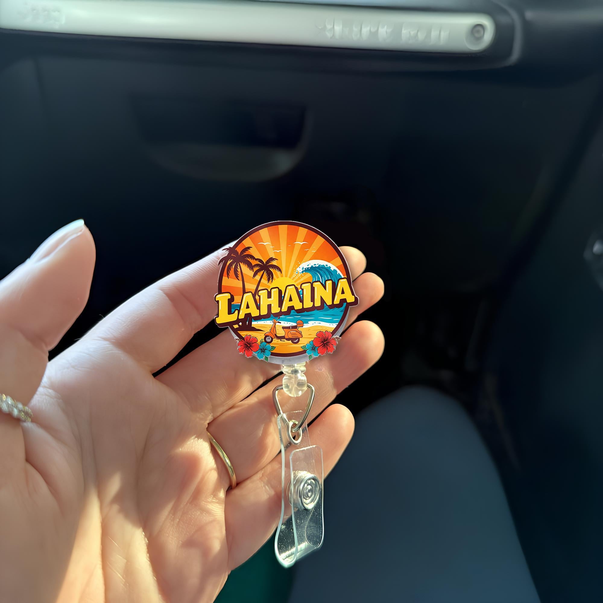 Aloha Lahaina Badge Reel, Tropical Palm Trees, Hibiscus Flowers - Healthcare Workers, Teachers, and Office Staff - Island Vibes ID Holder