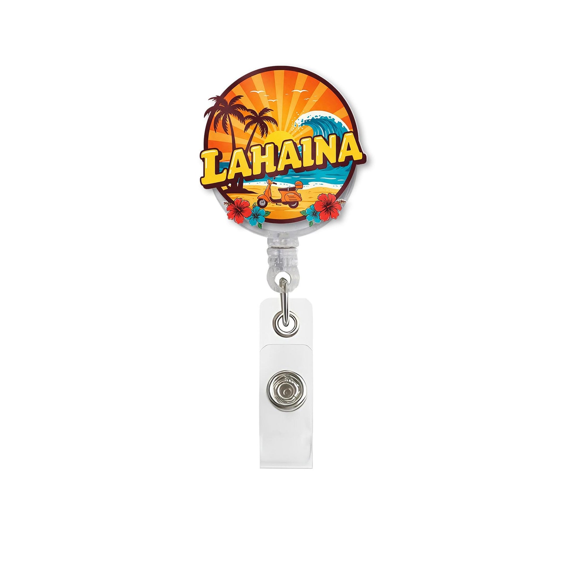 Aloha Lahaina Badge Reel, Tropical Palm Trees, Hibiscus Flowers - Healthcare Workers, Teachers, and Office Staff - Island Vibes ID Holder