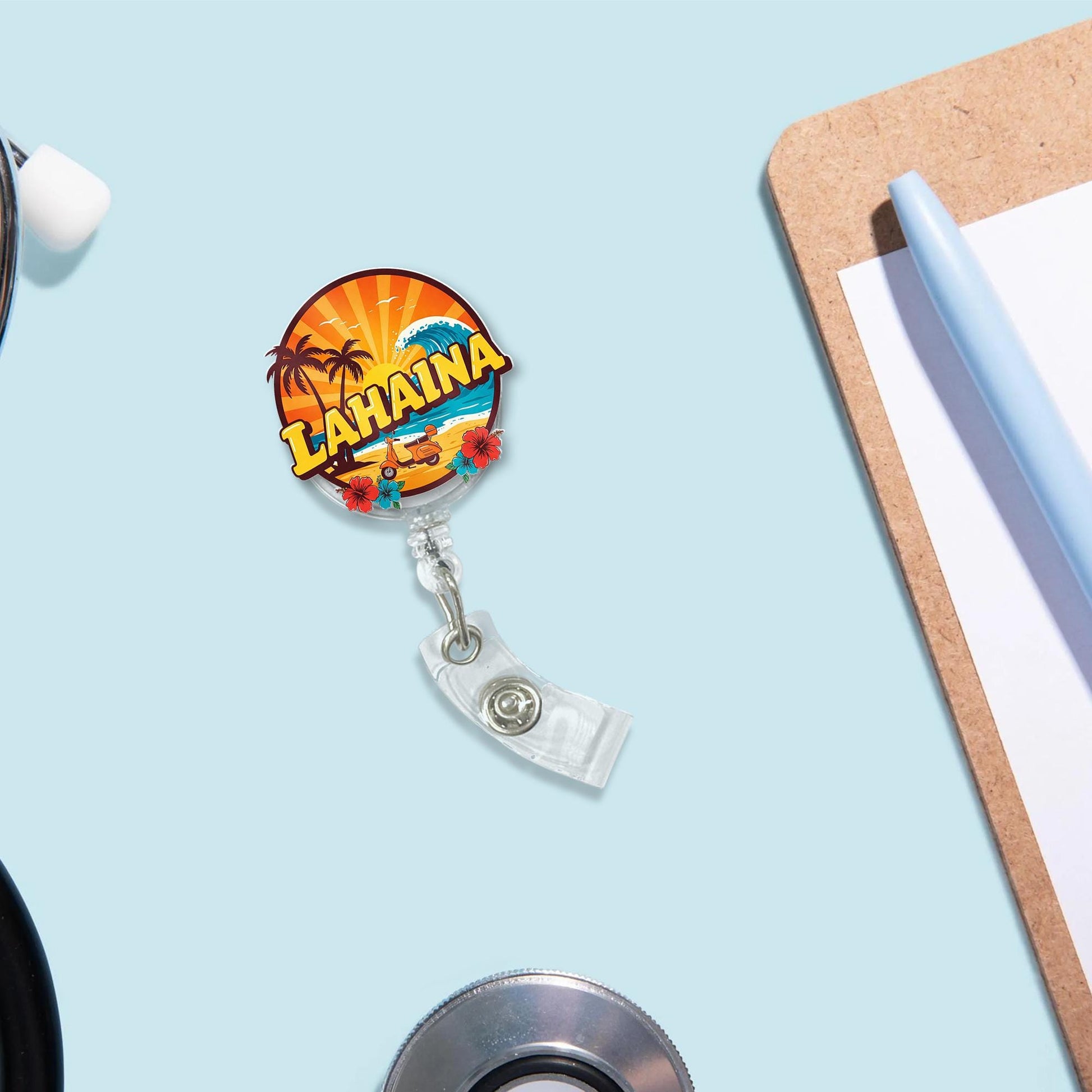 Aloha Lahaina Badge Reel, Tropical Palm Trees, Hibiscus Flowers - Healthcare Workers, Teachers, and Office Staff - Island Vibes ID Holder