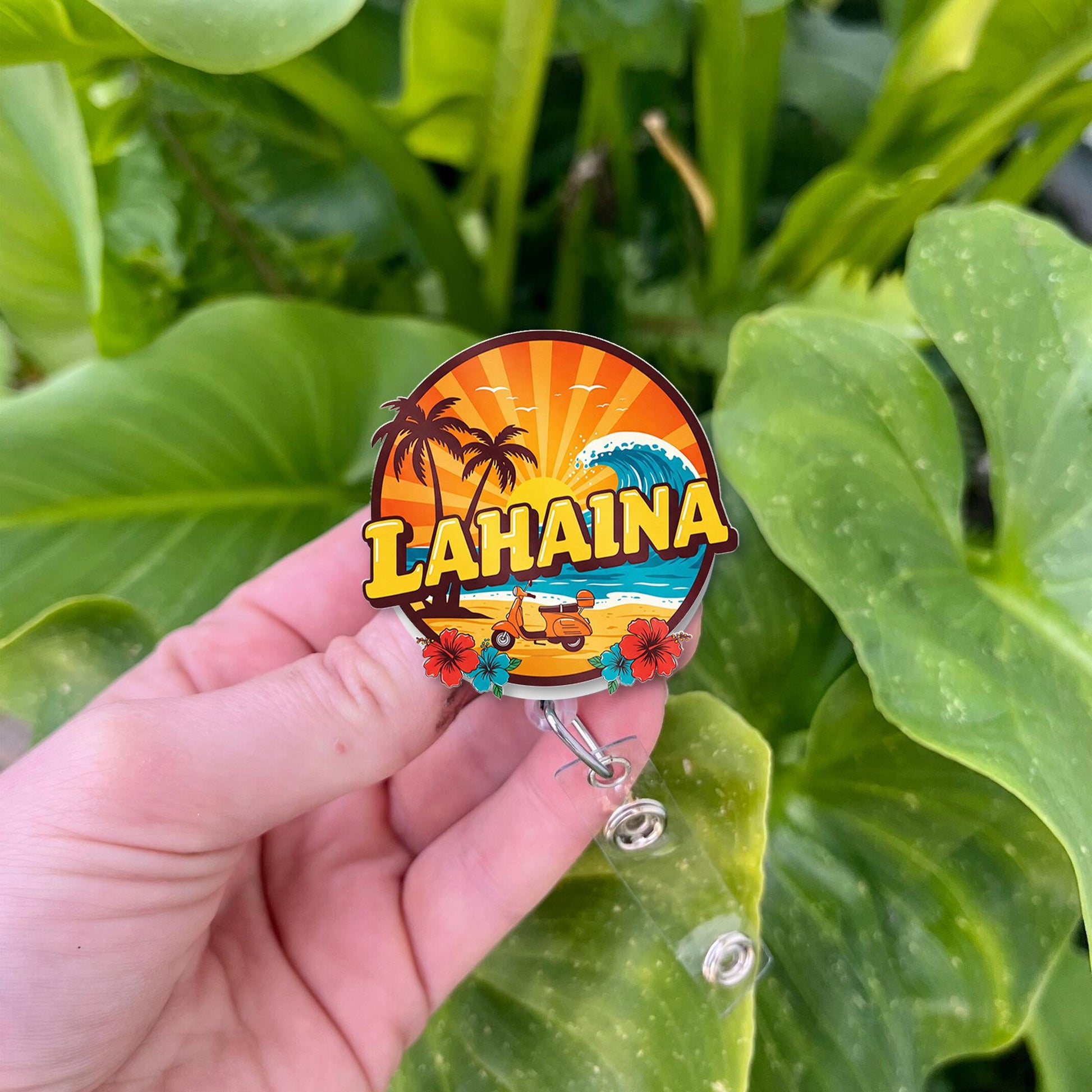 Aloha Lahaina Badge Reel, Tropical Palm Trees, Hibiscus Flowers - Healthcare Workers, Teachers, and Office Staff - Island Vibes ID Holder