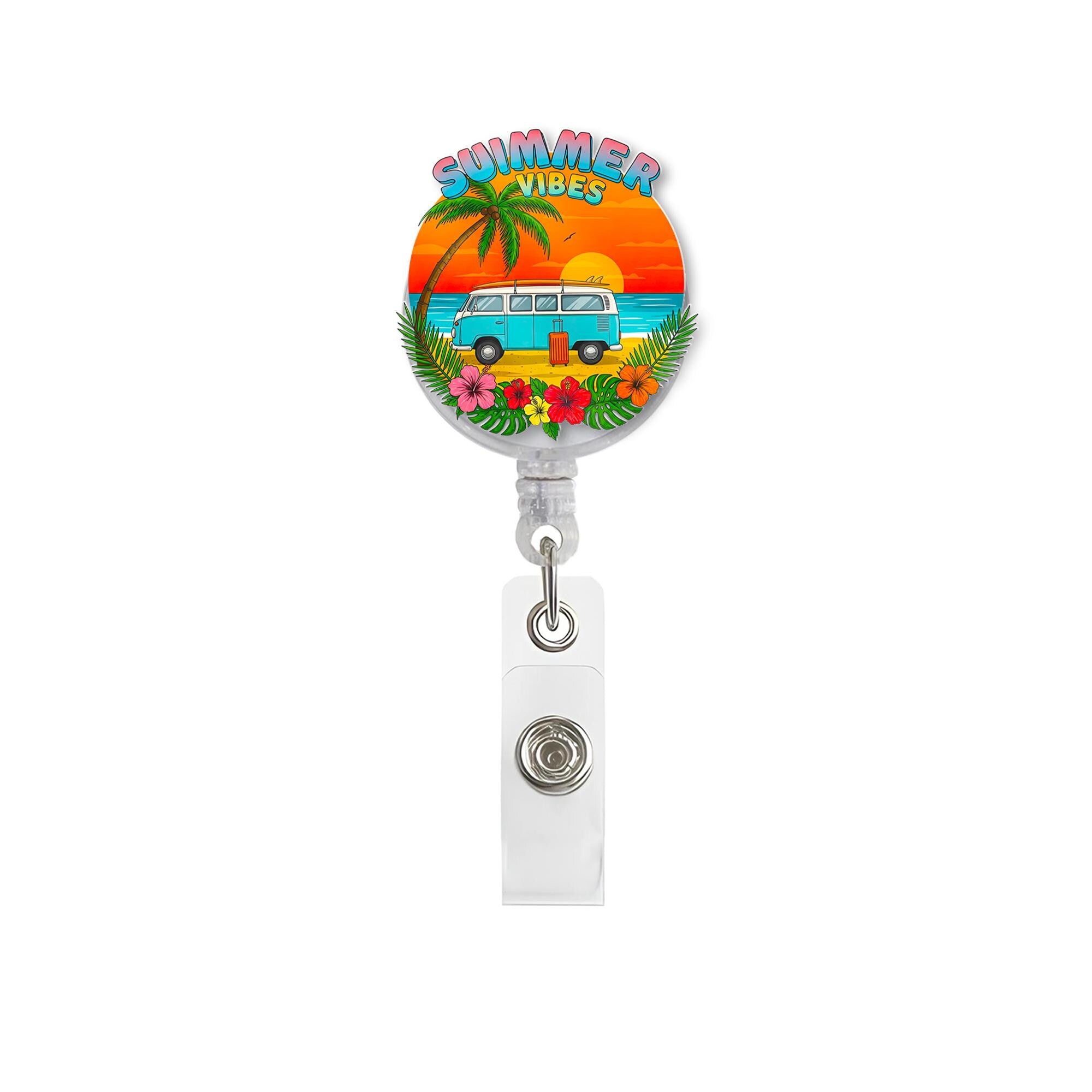Summer Vibes Badge Reel - Beach Van Sunset Palm Trees - Retractable ID Holder for Nurses, Teachers, Office - Tropical Vacation Fun Gift