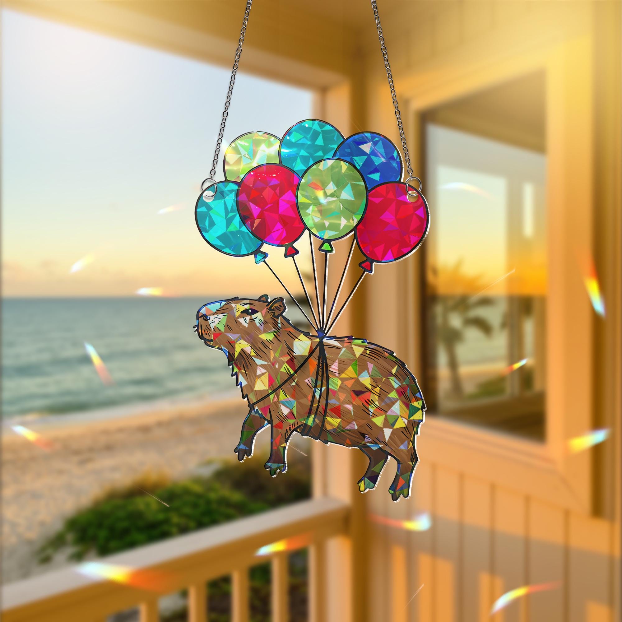 Capybara Balloon Suncatcher, Holographic Acrylic Window Decor, Rainbow Light Catcher Gift, Whimsical Animal Hanging Art,Funny Capybara Decor