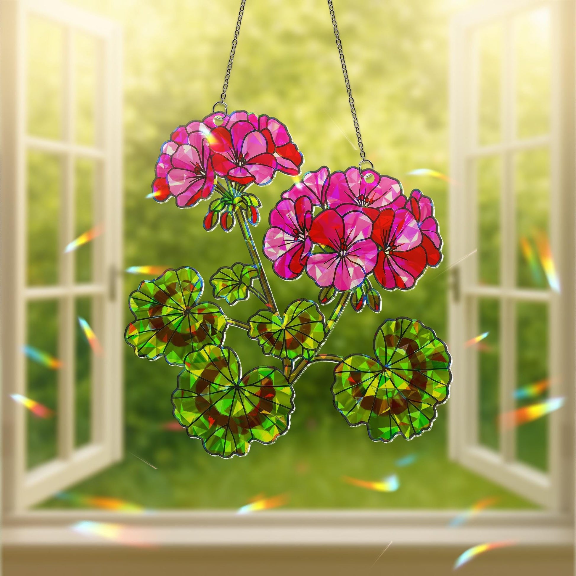 Geranium Flowers Suncatcher | Holographic Acrylic Floral Window Hanging | Pink Summer Garden Decor | Botanical Sun Catcher Gift