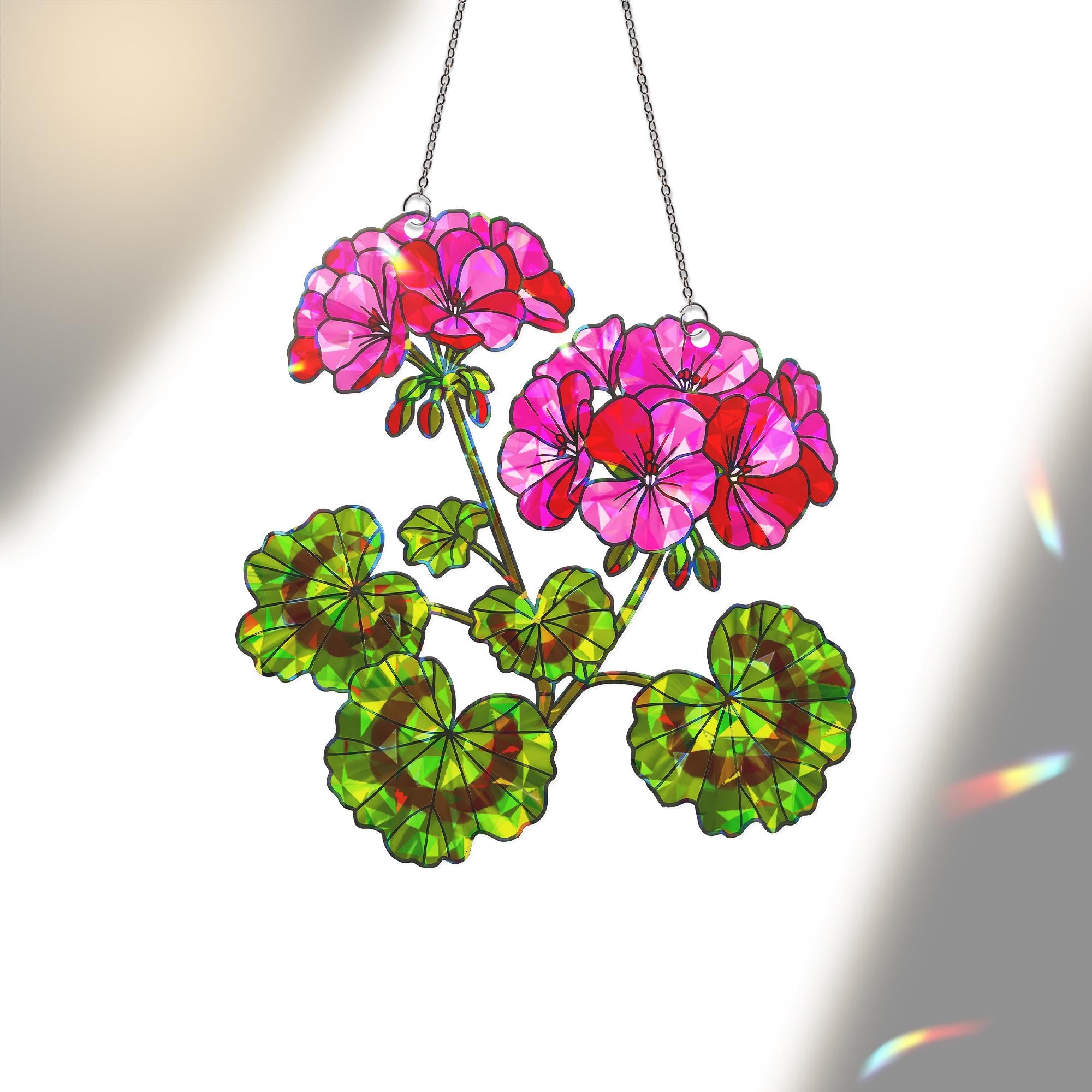 Geranium Flowers Suncatcher | Holographic Acrylic Floral Window Hanging | Pink Summer Garden Decor | Botanical Sun Catcher Gift