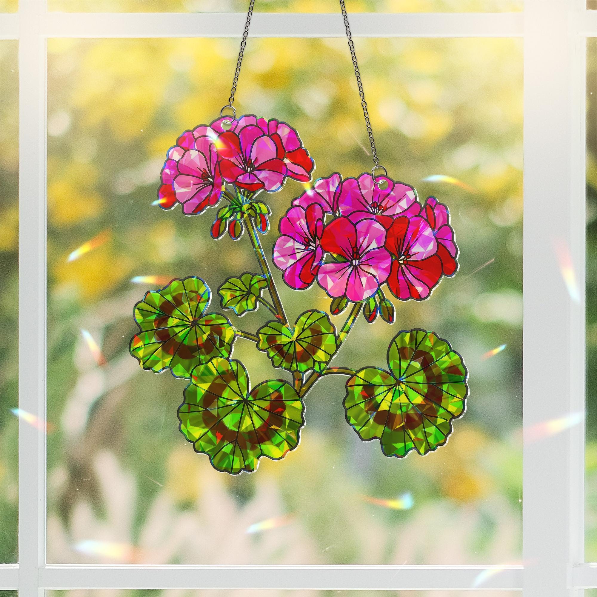 Geranium Flowers Suncatcher | Holographic Acrylic Floral Window Hanging | Pink Summer Garden Decor | Botanical Sun Catcher Gift