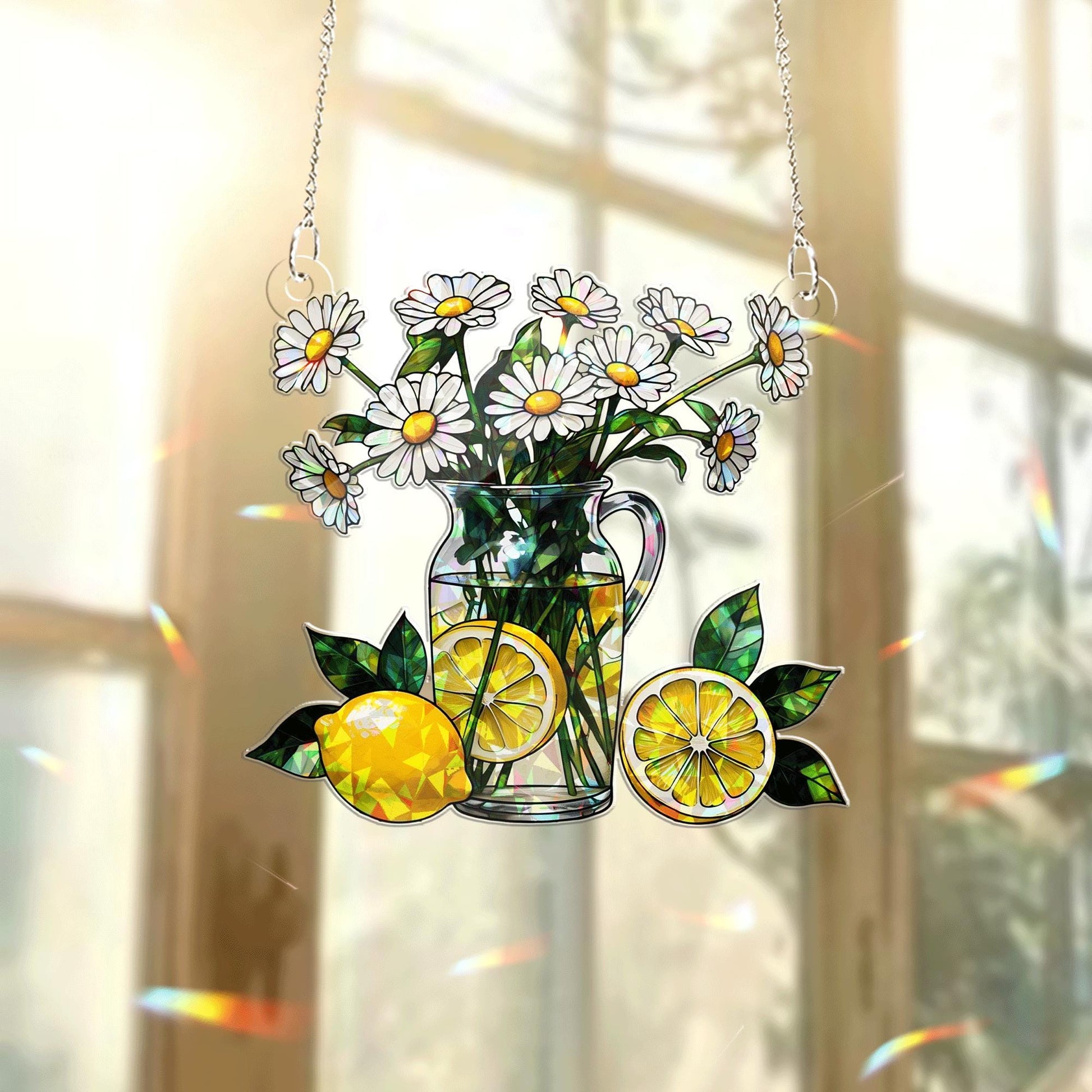 Summer Lemon Daisy Acrylic Window Hanging – Stained Glass Style Suncatcher, Bright Floral Decor for Kitchen or Garden Window Gift