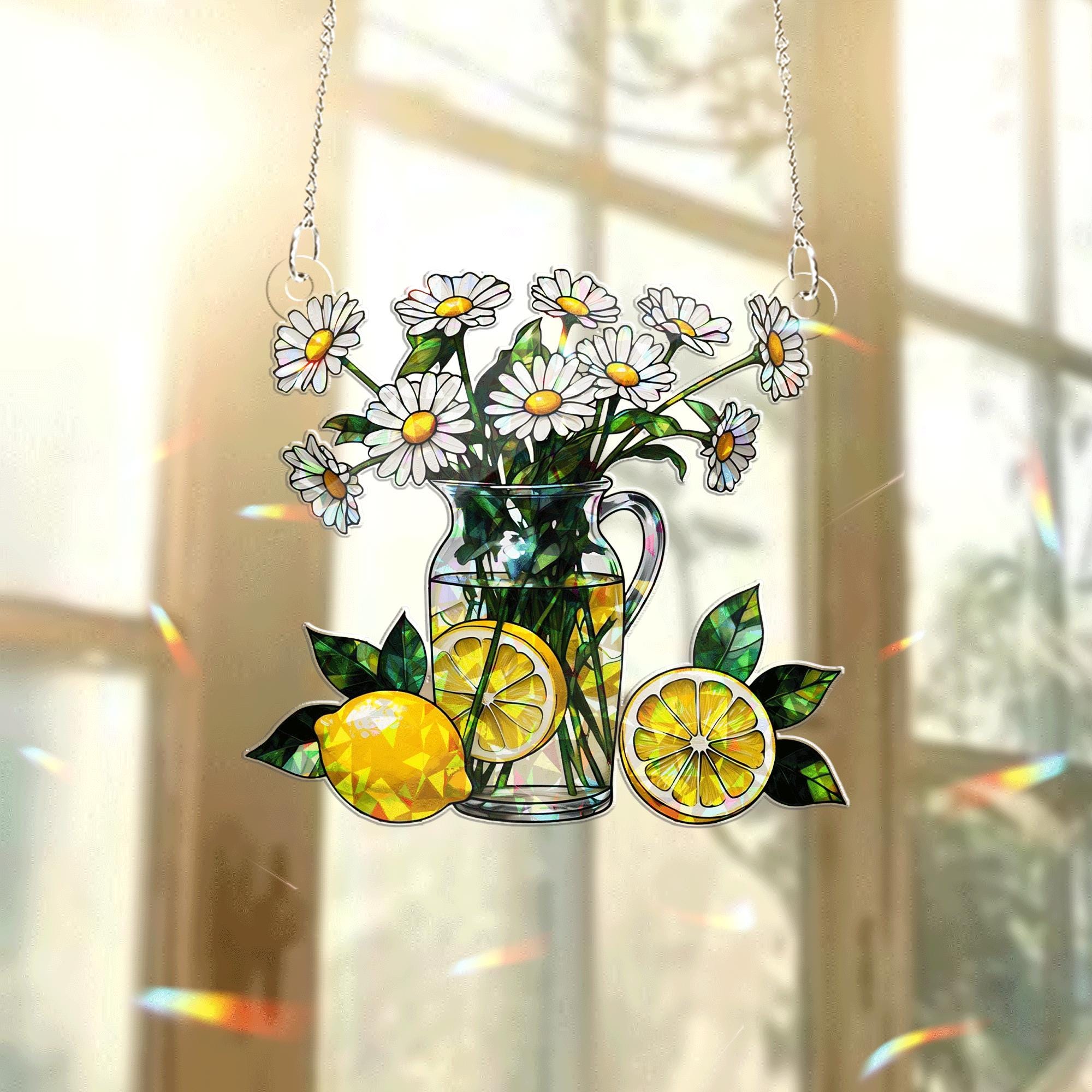 Summer Lemon Daisy Acrylic Window Hanging – Stained Glass Style Suncatcher, Bright Floral Decor for Kitchen or Garden Window Gift