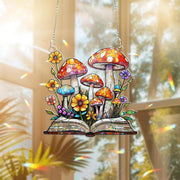 Mushroom Book Acrylic Window Hanging – Whimsical Teacher Gift, Botanical Suncatcher, Classroom Nature Decor for Book and Plant Lovers