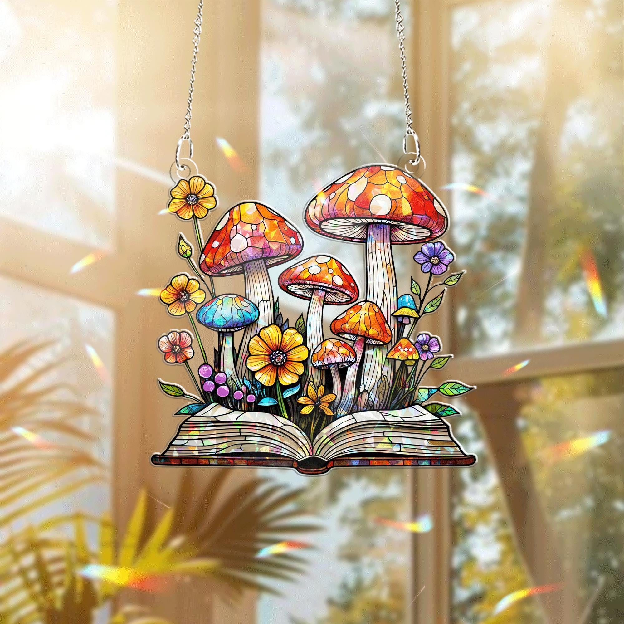 Mushroom Book Acrylic Window Hanging – Whimsical Teacher Gift, Botanical Suncatcher, Classroom Nature Decor for Book and Plant Lovers