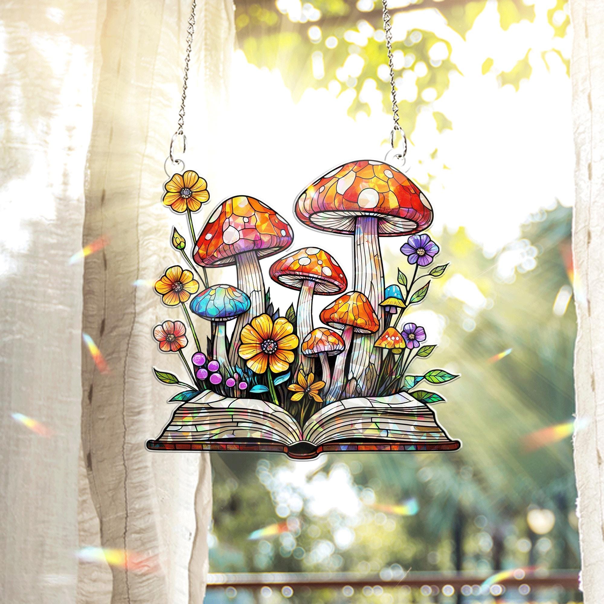 Mushroom Book Acrylic Window Hanging – Whimsical Teacher Gift, Botanical Suncatcher, Classroom Nature Decor for Book and Plant Lovers