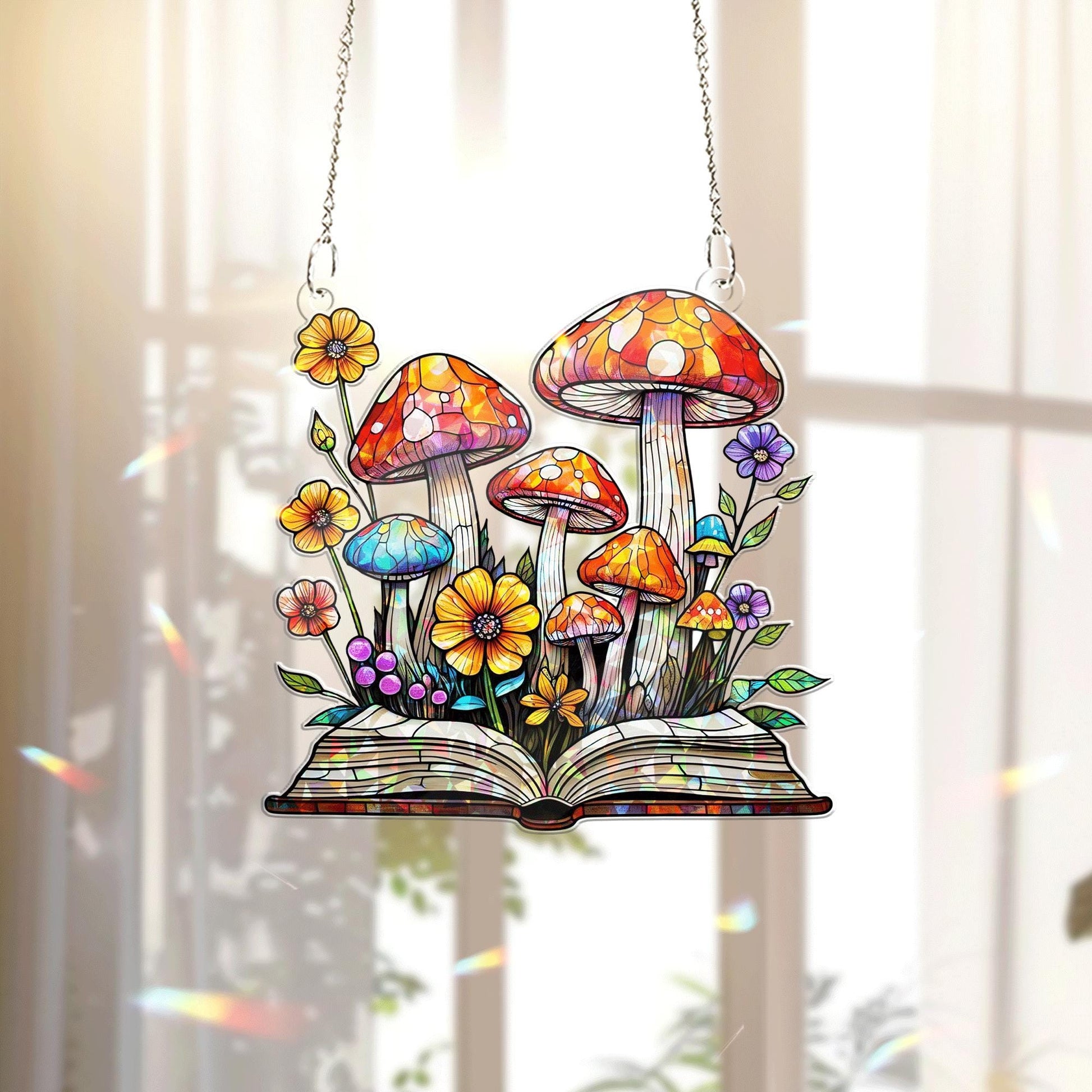 Mushroom Book Acrylic Window Hanging – Whimsical Teacher Gift, Botanical Suncatcher, Classroom Nature Decor for Book and Plant Lovers