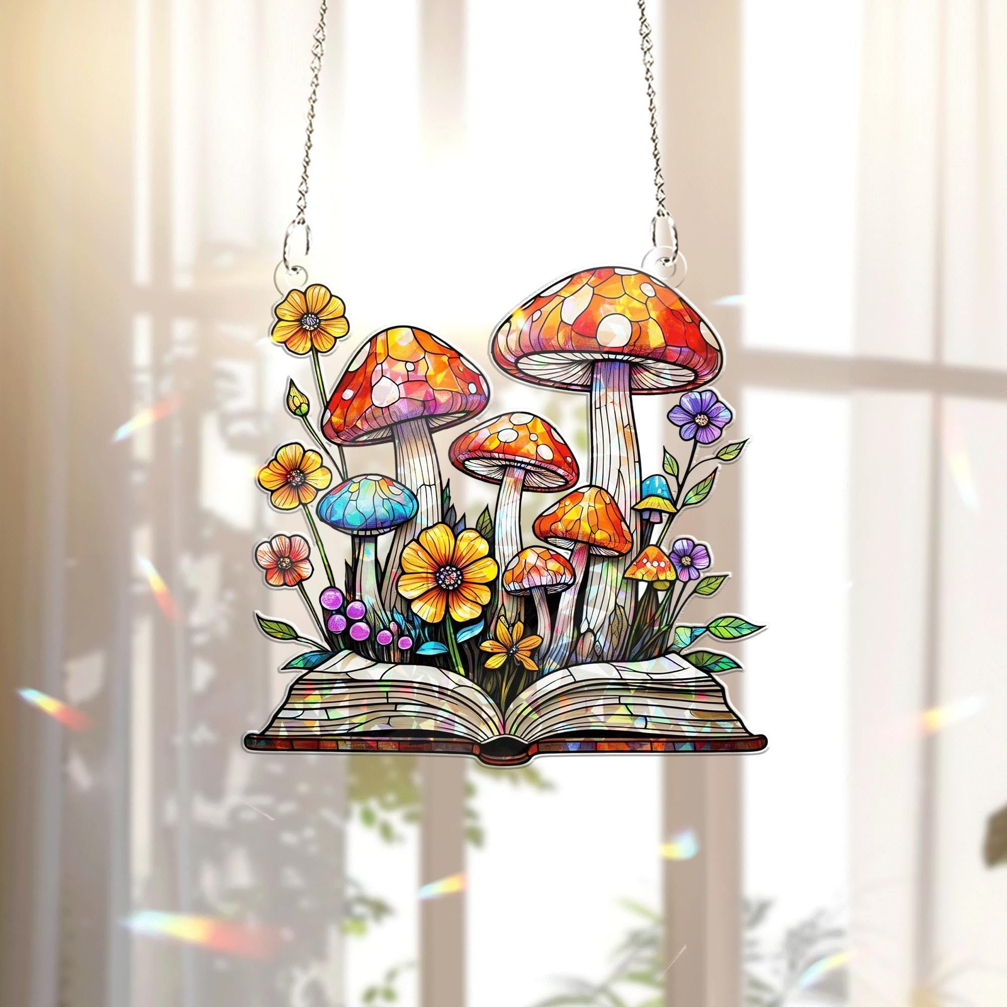 Mushroom Book Acrylic Window Hanging – Whimsical Teacher Gift, Botanical Suncatcher, Classroom Nature Decor for Book and Plant Lovers