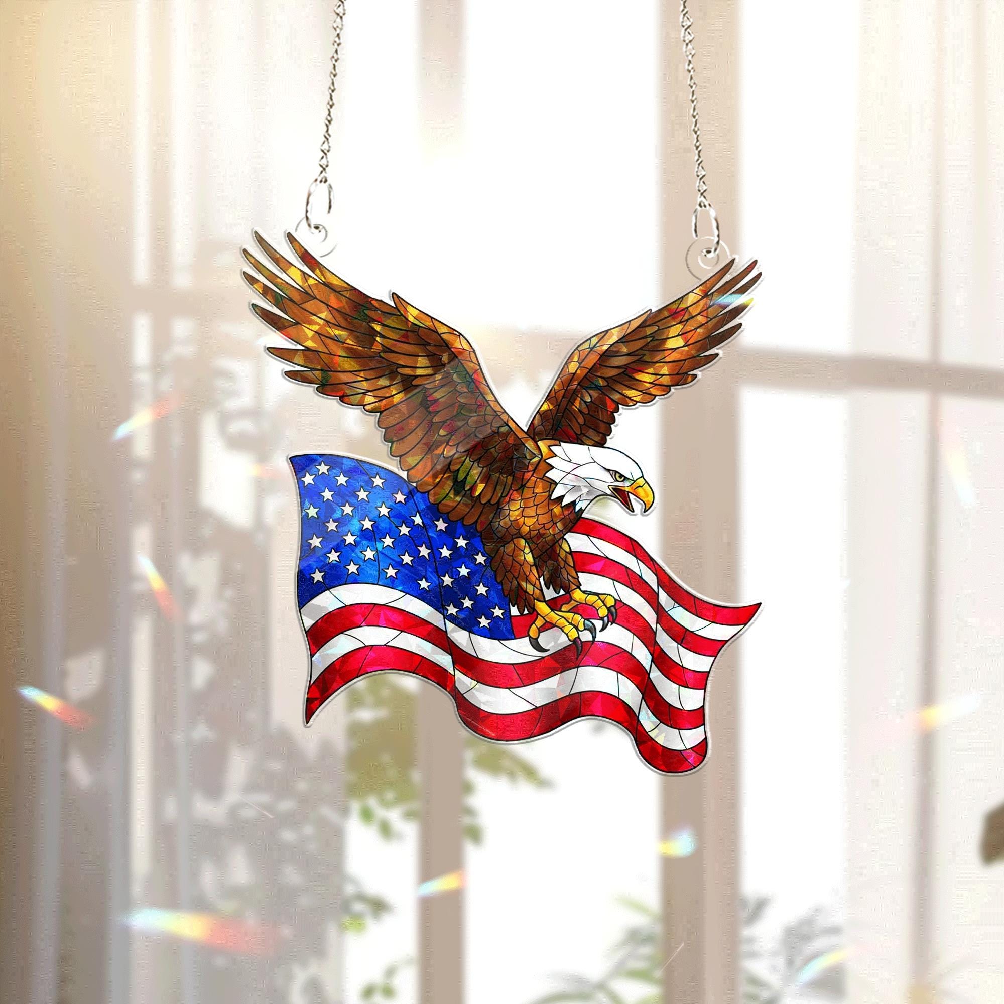 Patriotic Bald Eagle Acrylic Window Hanging – American Flag Suncatcher for 4th of July Decor, Independence Day Home Accent Gift