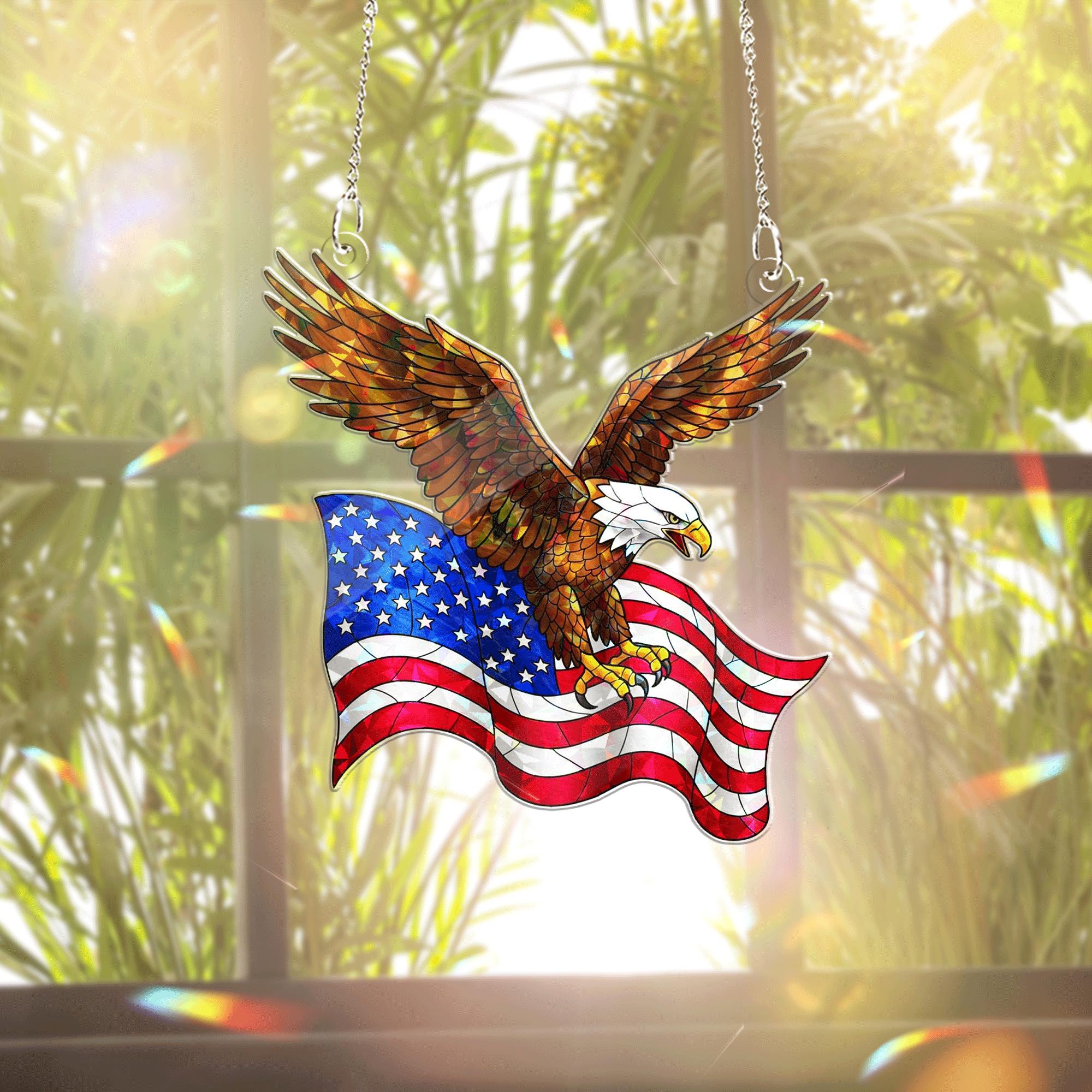 Patriotic Bald Eagle Acrylic Window Hanging – American Flag Suncatcher for 4th of July Decor, Independence Day Home Accent Gift