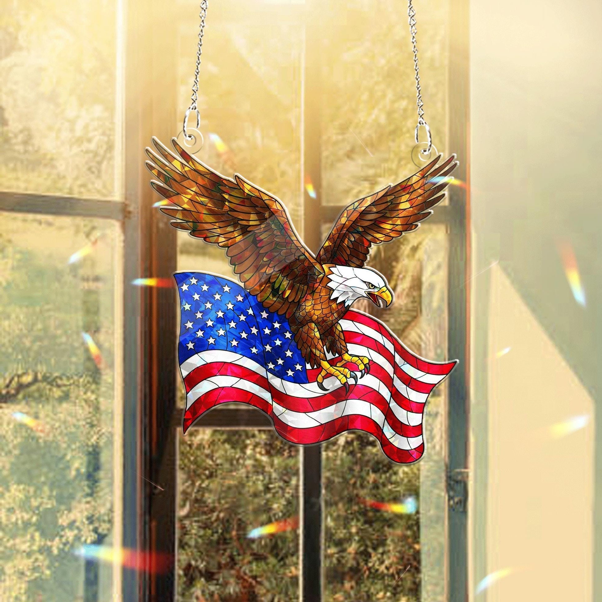 Patriotic Bald Eagle Acrylic Window Hanging – American Flag Suncatcher for 4th of July Decor, Independence Day Home Accent Gift