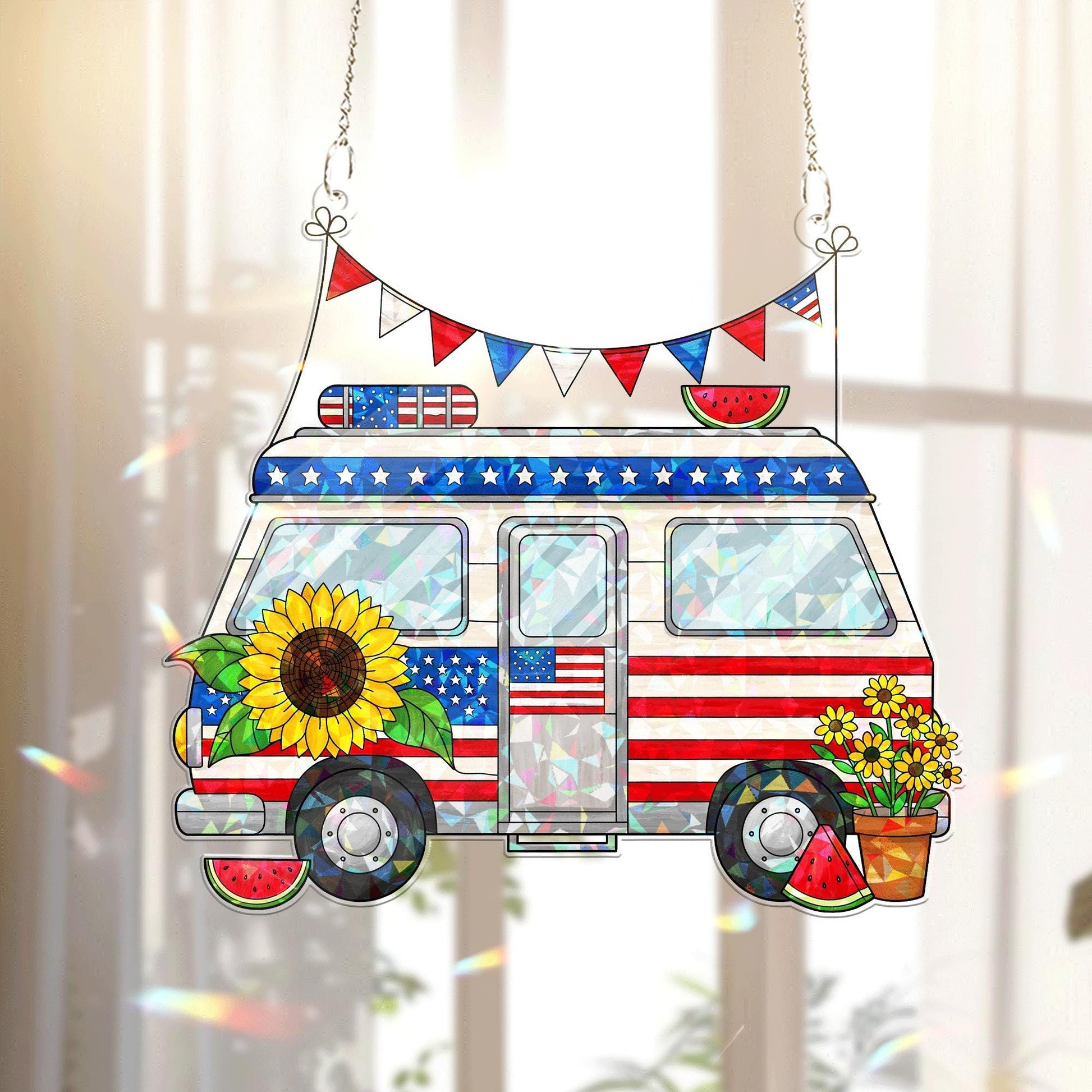 Patriotic Camper Acrylic Window Hanging – 4th of July Summer Decor with Sunflowers, Watermelons & USA Flag for Home or RV