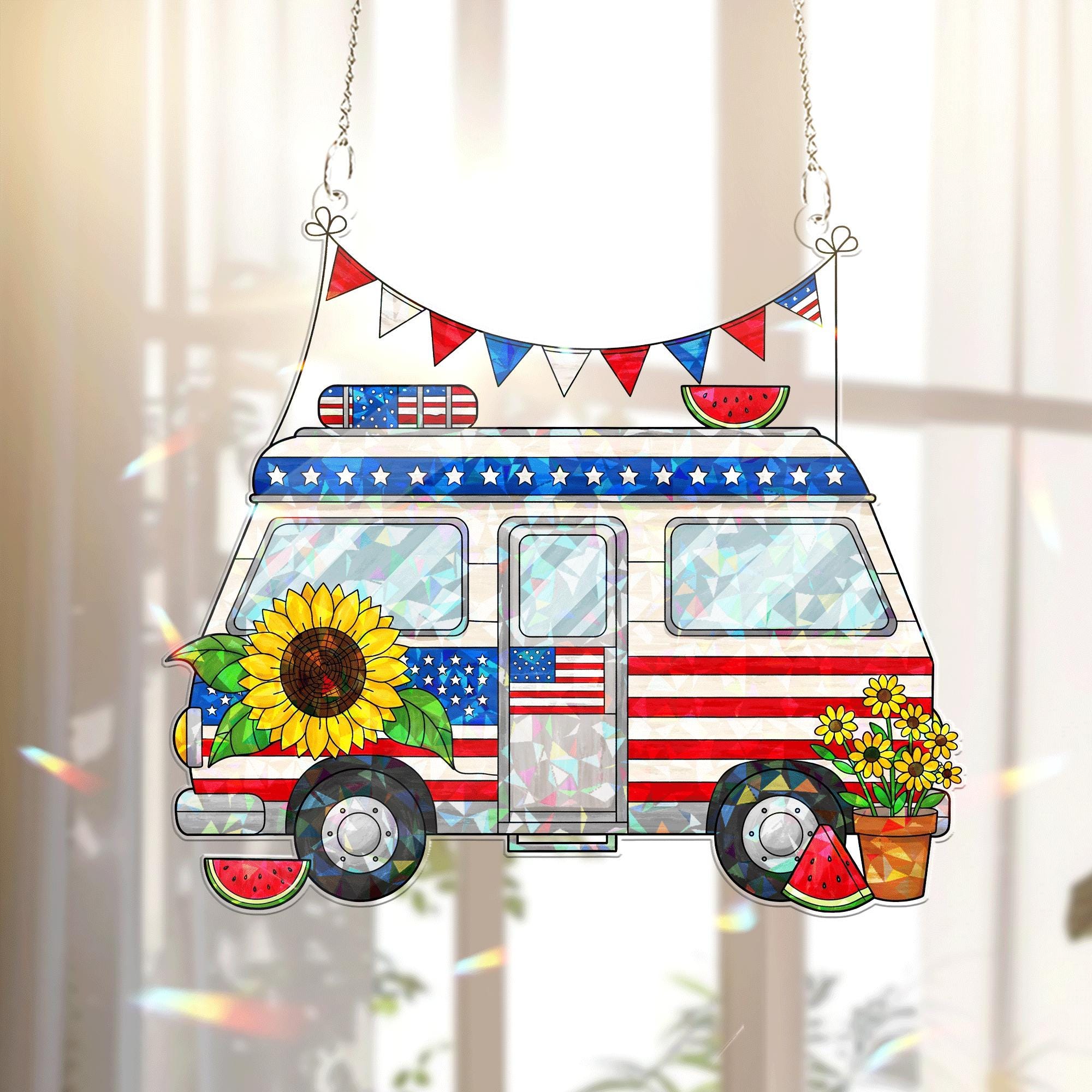 Patriotic Camper Acrylic Window Hanging – 4th of July Summer Decor with Sunflowers, Watermelons & USA Flag for Home or RV