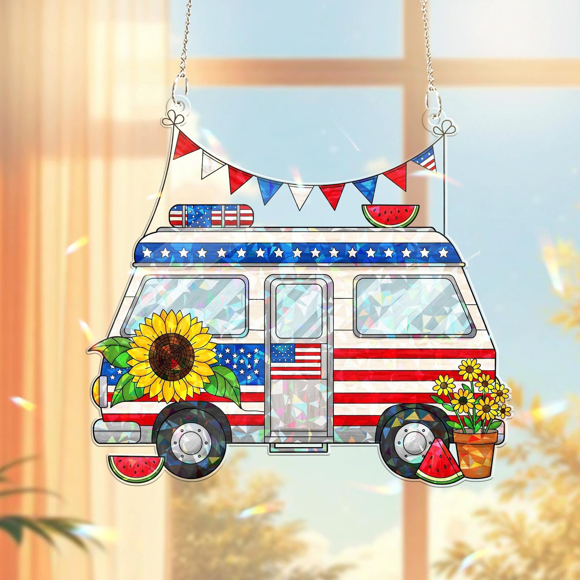 Patriotic Camper Acrylic Window Hanging – 4th of July Summer Decor with Sunflowers, Watermelons & USA Flag for Home or RV