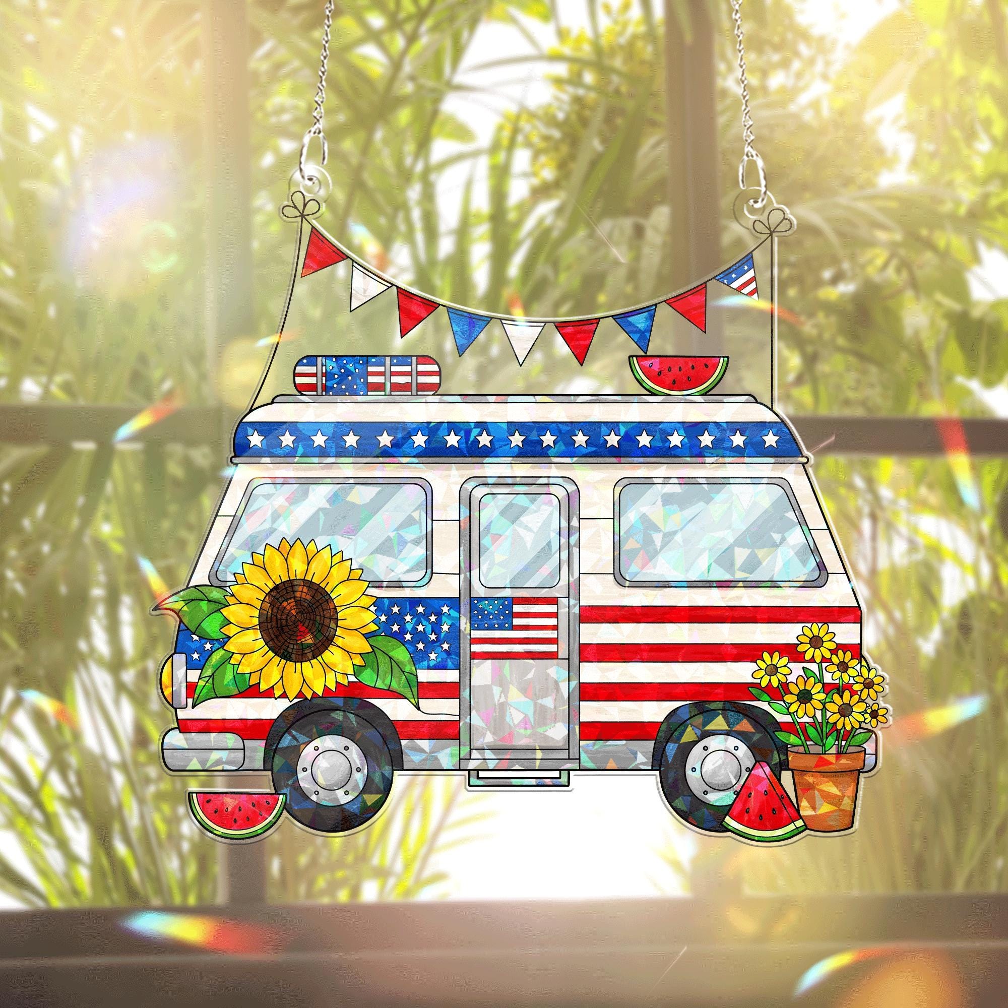 Patriotic Camper Acrylic Window Hanging – 4th of July Summer Decor with Sunflowers, Watermelons & USA Flag for Home or RV