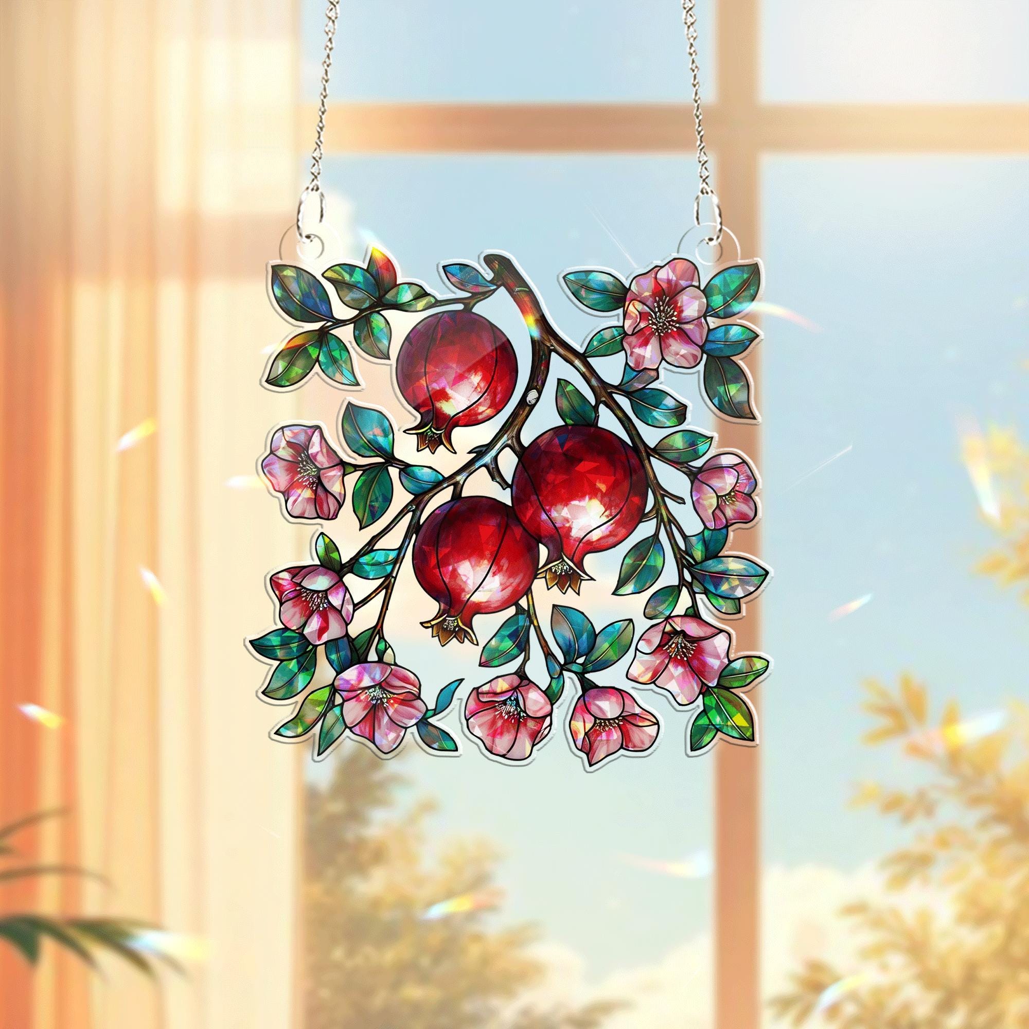 Pomegranate Floral Acrylic Window Hanging – Vibrant Fruit & Blossom Suncatcher for Kitchen, Garden, or Summer Home Decor Gift