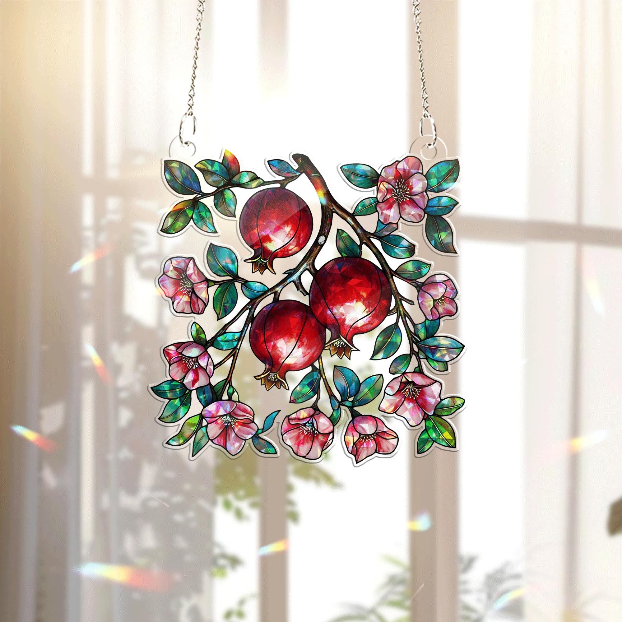 Pomegranate Floral Acrylic Window Hanging – Vibrant Fruit & Blossom Suncatcher for Kitchen, Garden, or Summer Home Decor Gift