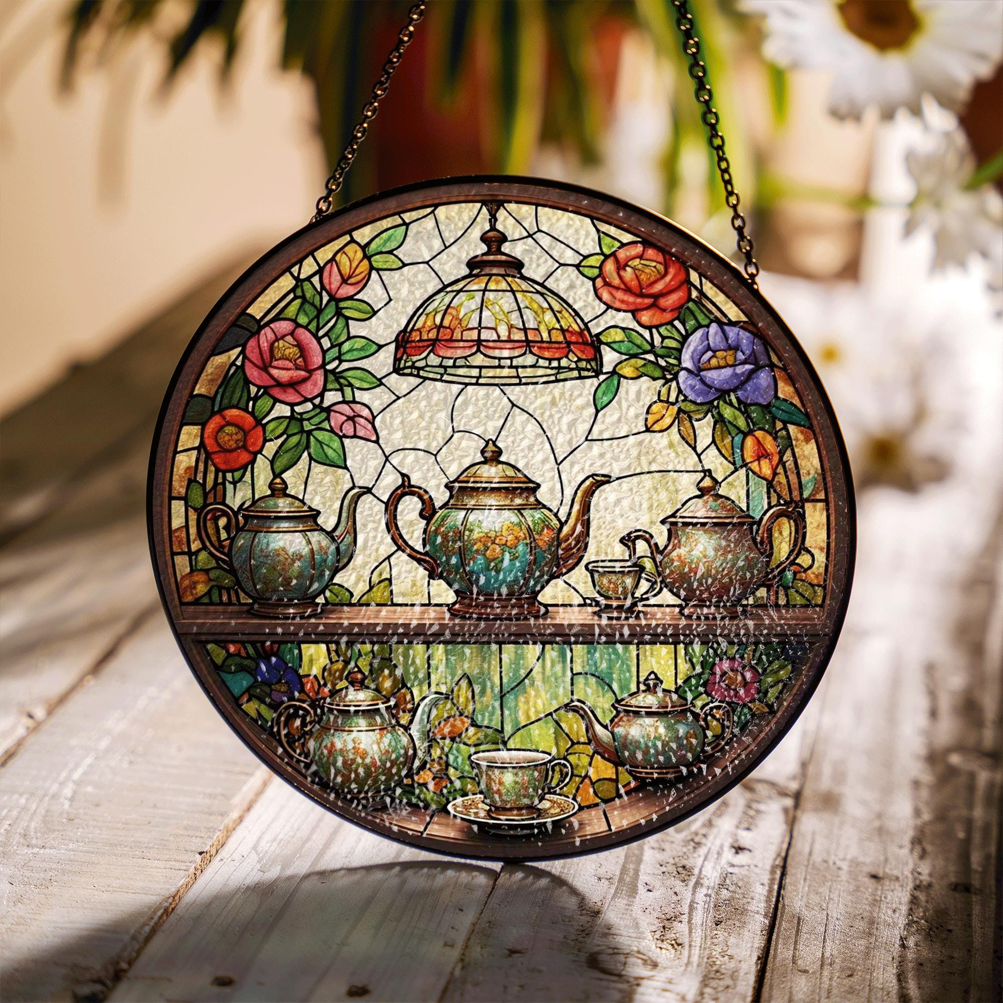 Vintage Teapot Glass Suncatcher – Stained Glass Teacup Window Hanging for Kitchen Decor, Tea Lover Gift, Afternoon Tea Charm