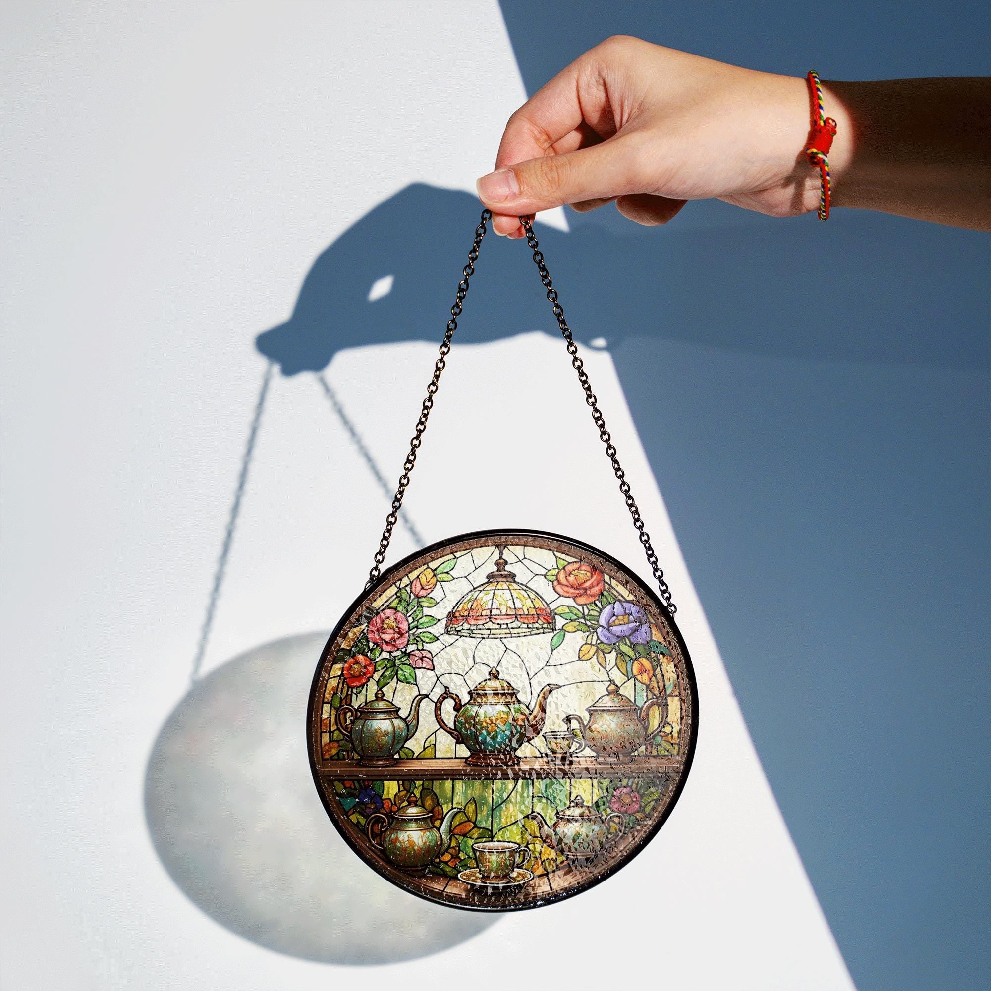 Vintage Teapot Glass Suncatcher – Stained Glass Teacup Window Hanging for Kitchen Decor, Tea Lover Gift, Afternoon Tea Charm