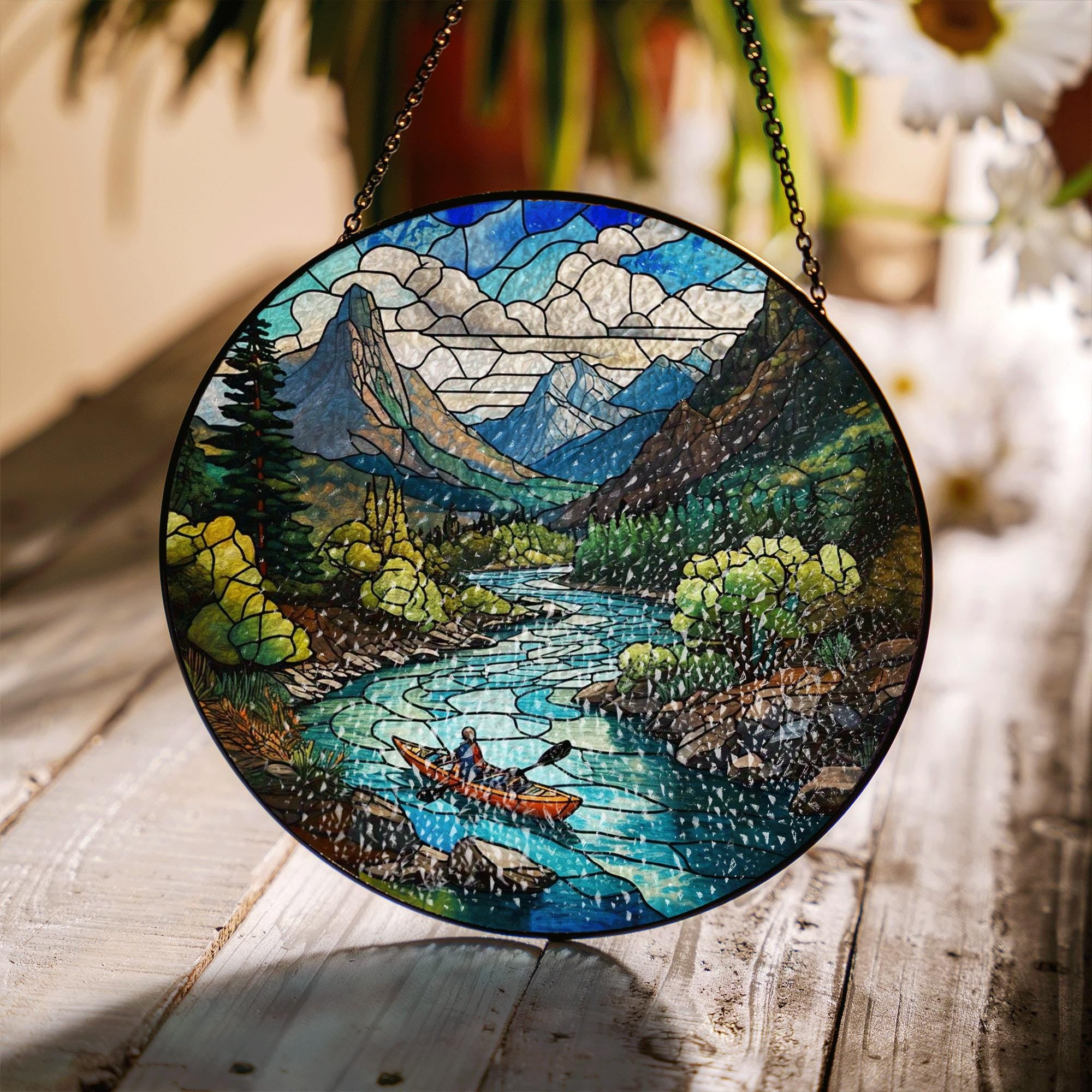 Mountain River Kayaking Glass Suncatcher for Father's Day – Stained Glass Window Decor Gift for Outdoorsy Dad, Adventure Lover Dad Gift