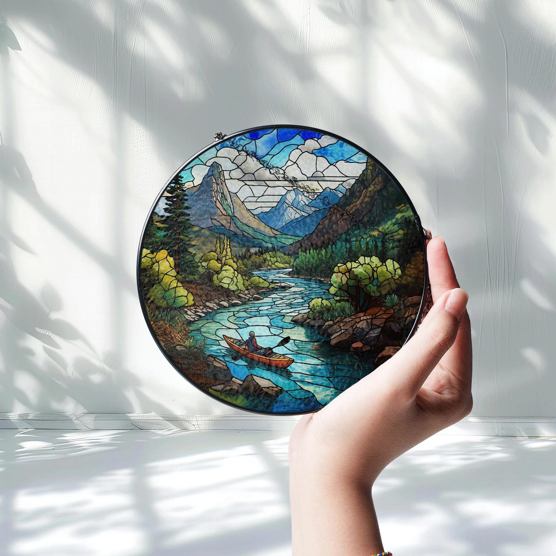 Mountain River Kayaking Glass Suncatcher for Father's Day – Stained Glass Window Decor Gift for Outdoorsy Dad, Adventure Lover Dad Gift