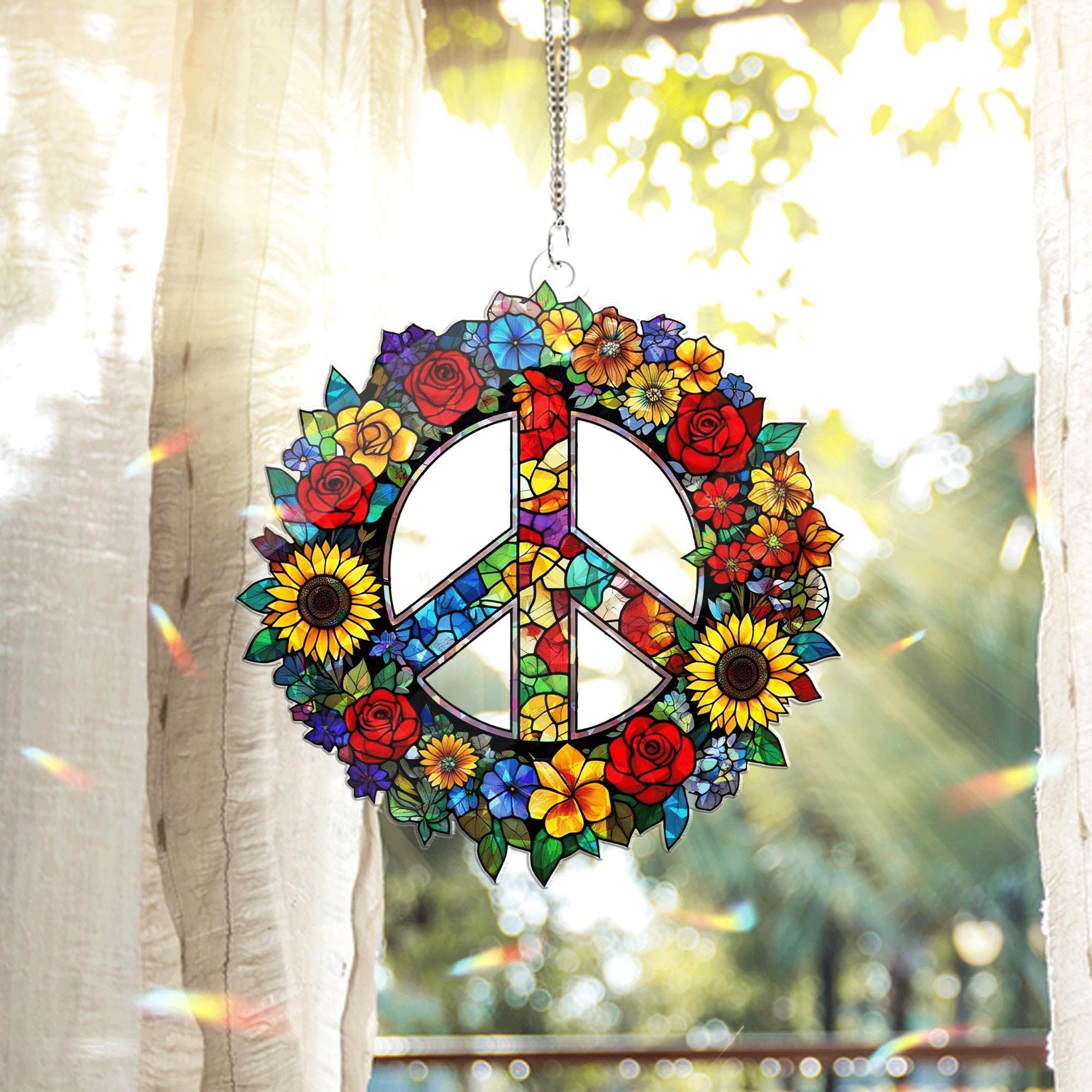Peace Sign Floral Acrylic Window Hanging – Boho Hippie Suncatcher Rainbow Flower Wreath Home Decor Gift for Summer and Nature Lovers