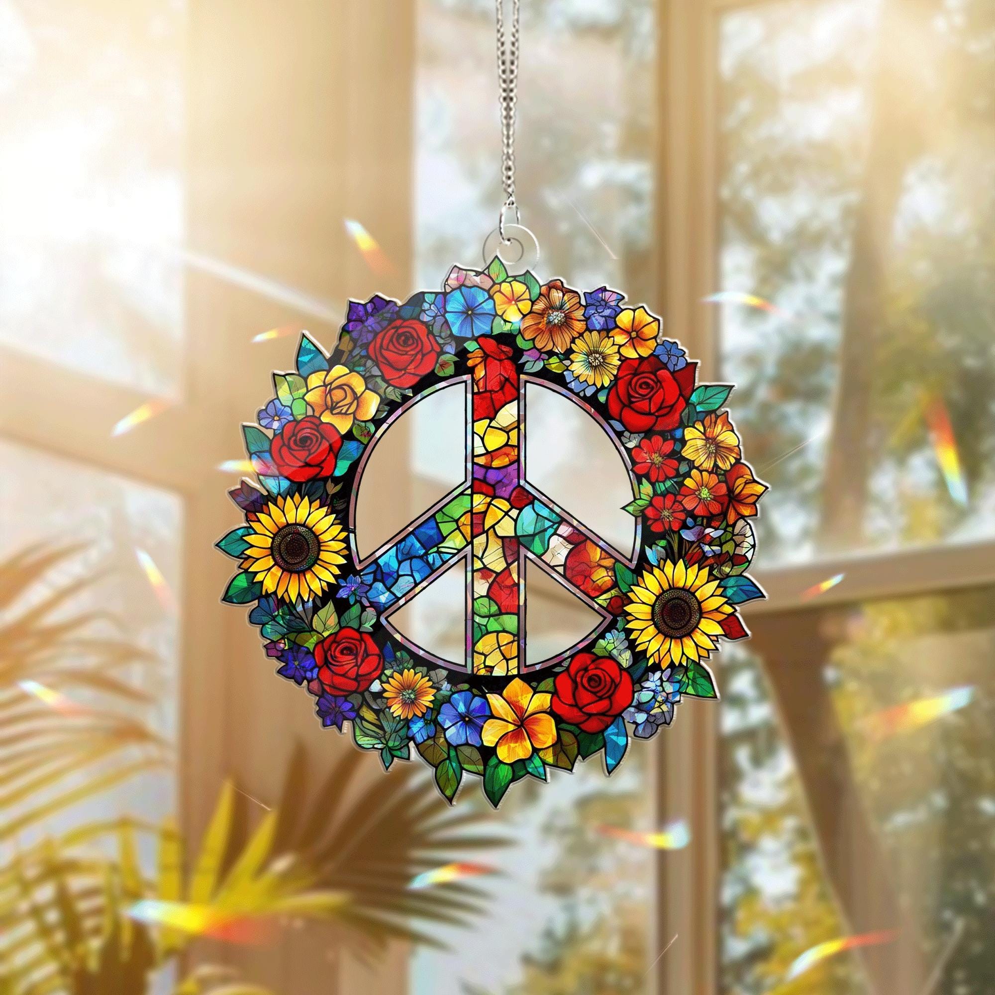 Peace Sign Floral Acrylic Window Hanging – Boho Hippie Suncatcher Rainbow Flower Wreath Home Decor Gift for Summer and Nature Lovers