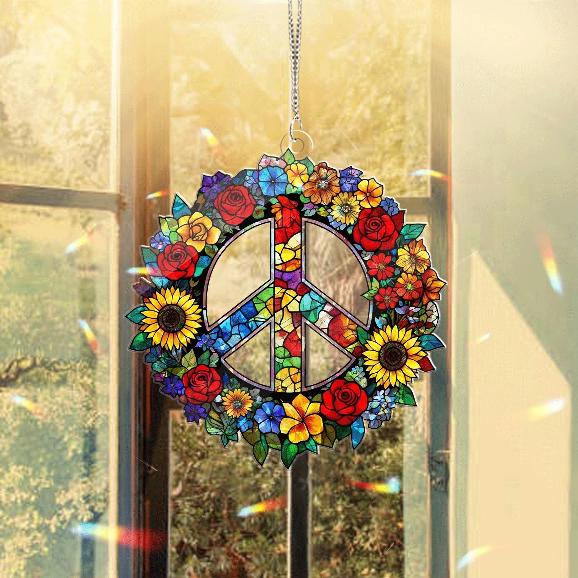 Peace Sign Floral Acrylic Window Hanging – Boho Hippie Suncatcher Rainbow Flower Wreath Home Decor Gift for Summer and Nature Lovers