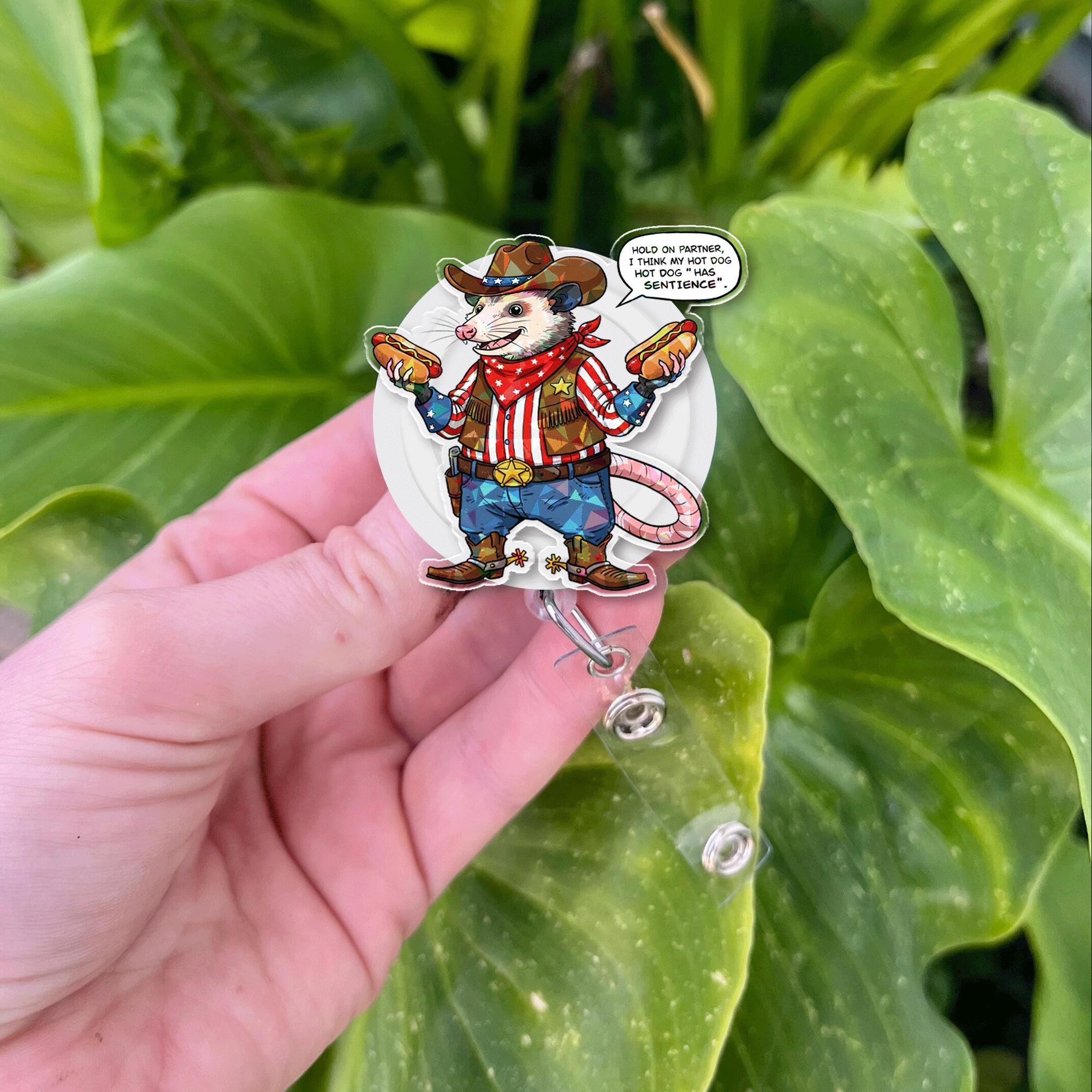 Funny Cowboy Opossum Badge Reel – 4th of July Patriotic ID Holder, Cute Animal Hot Dog Design for Nurses, Teachers, Office Gifts