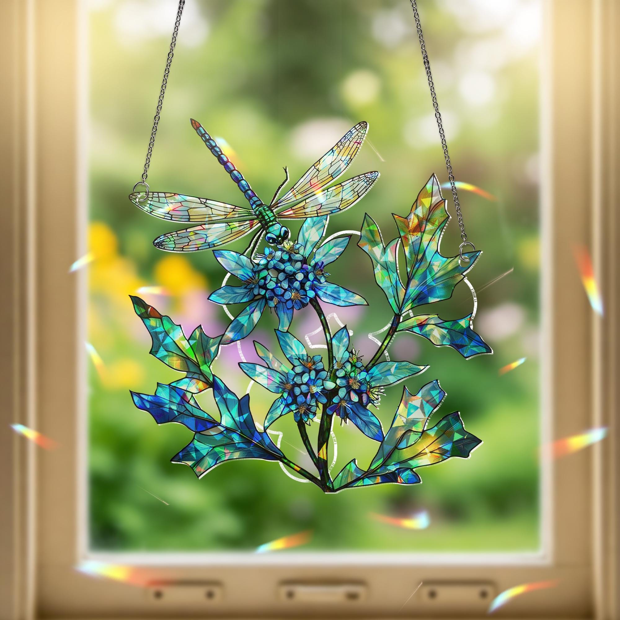 Blue Floral Dragonfly Acrylic Window Hanging – Stained Glass Style Sun Catcher for Nature Lovers, Garden Decor, Summer Home Gift