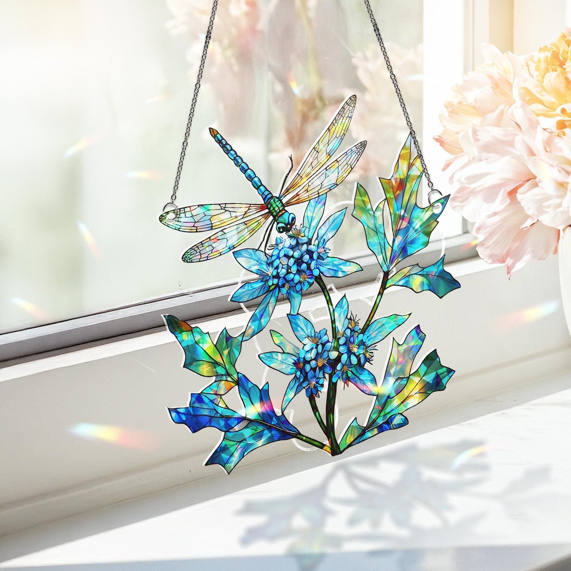 Blue Floral Dragonfly Acrylic Window Hanging – Stained Glass Style Sun Catcher for Nature Lovers, Garden Decor, Summer Home Gift