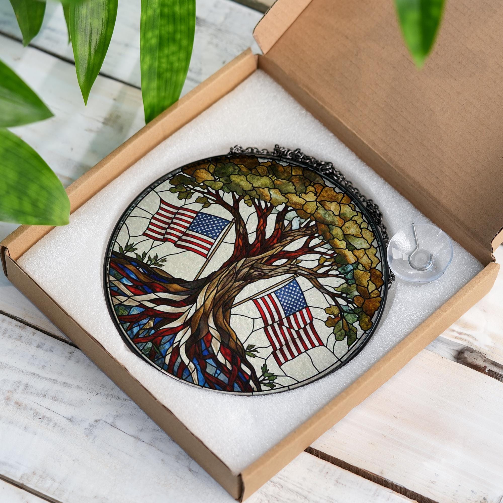 Patriotic Oak Tree and American Flag Glass Suncatcher | 4th of July Window Decor | USA Freedom Sun Catcher | Veteran Gift Idea