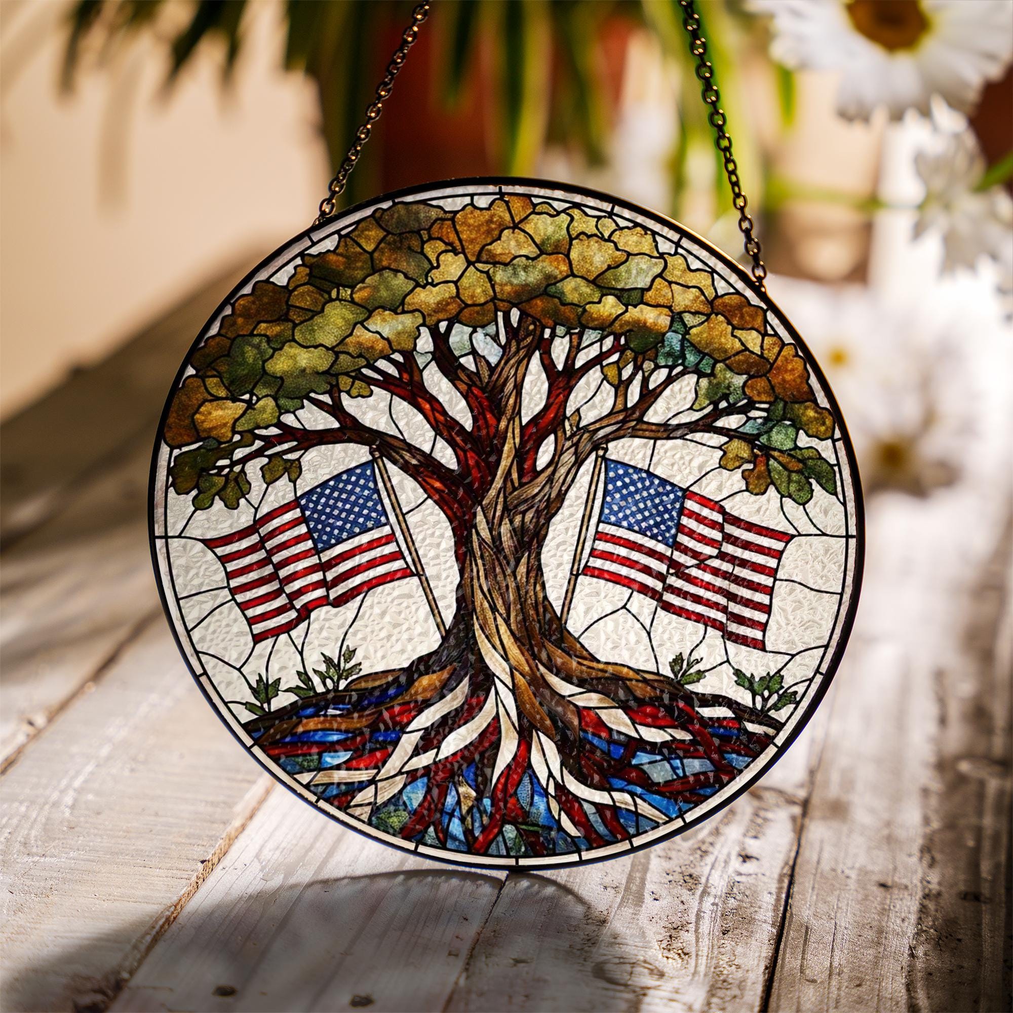 Patriotic Oak Tree and American Flag Glass Suncatcher | 4th of July Window Decor | USA Freedom Sun Catcher | Veteran Gift Idea