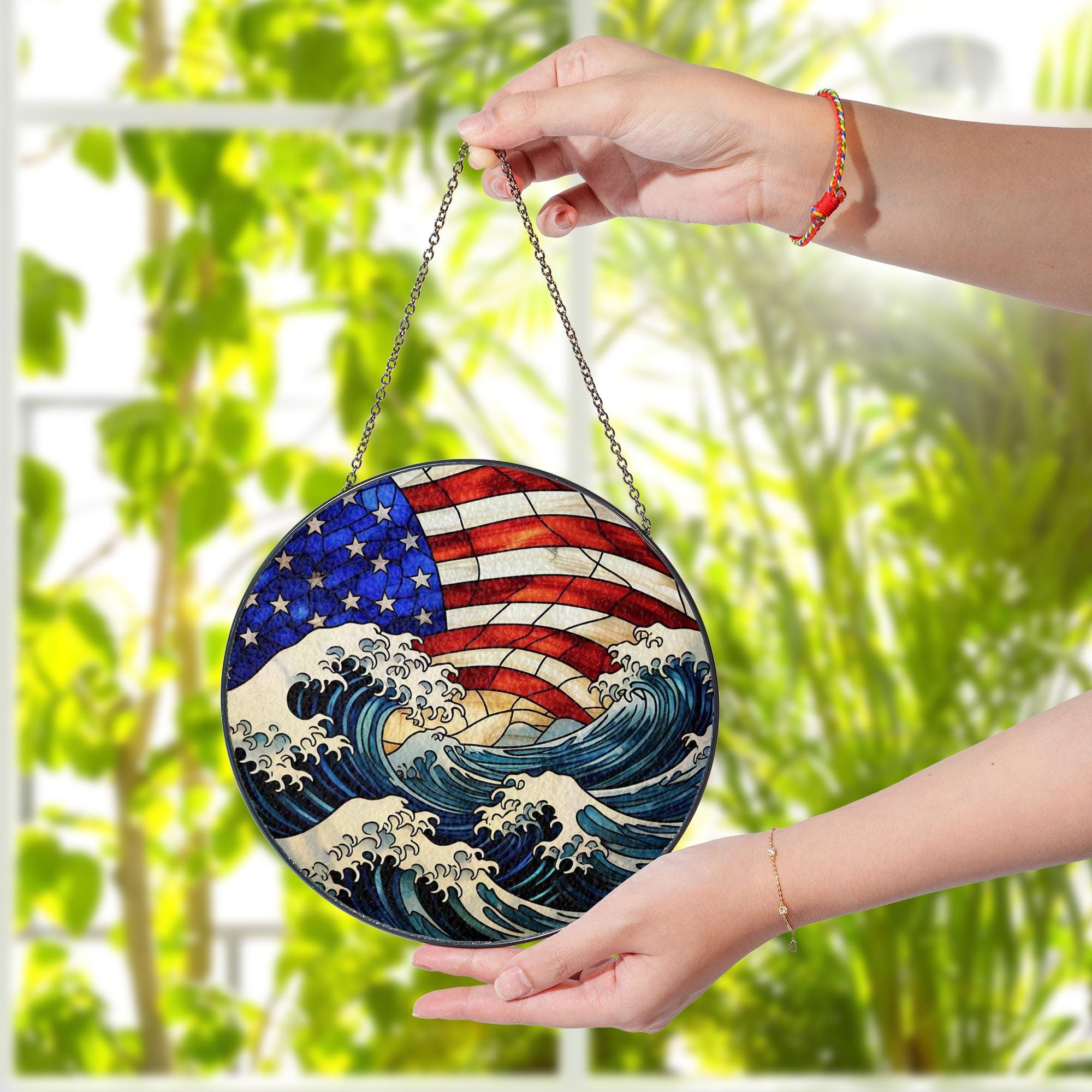Patriotic Sea and American Flag Glass Suncatcher | Coastal 4th of July Window Decor | Ocean USA Sun Catcher | Nautical Freedom Gift
