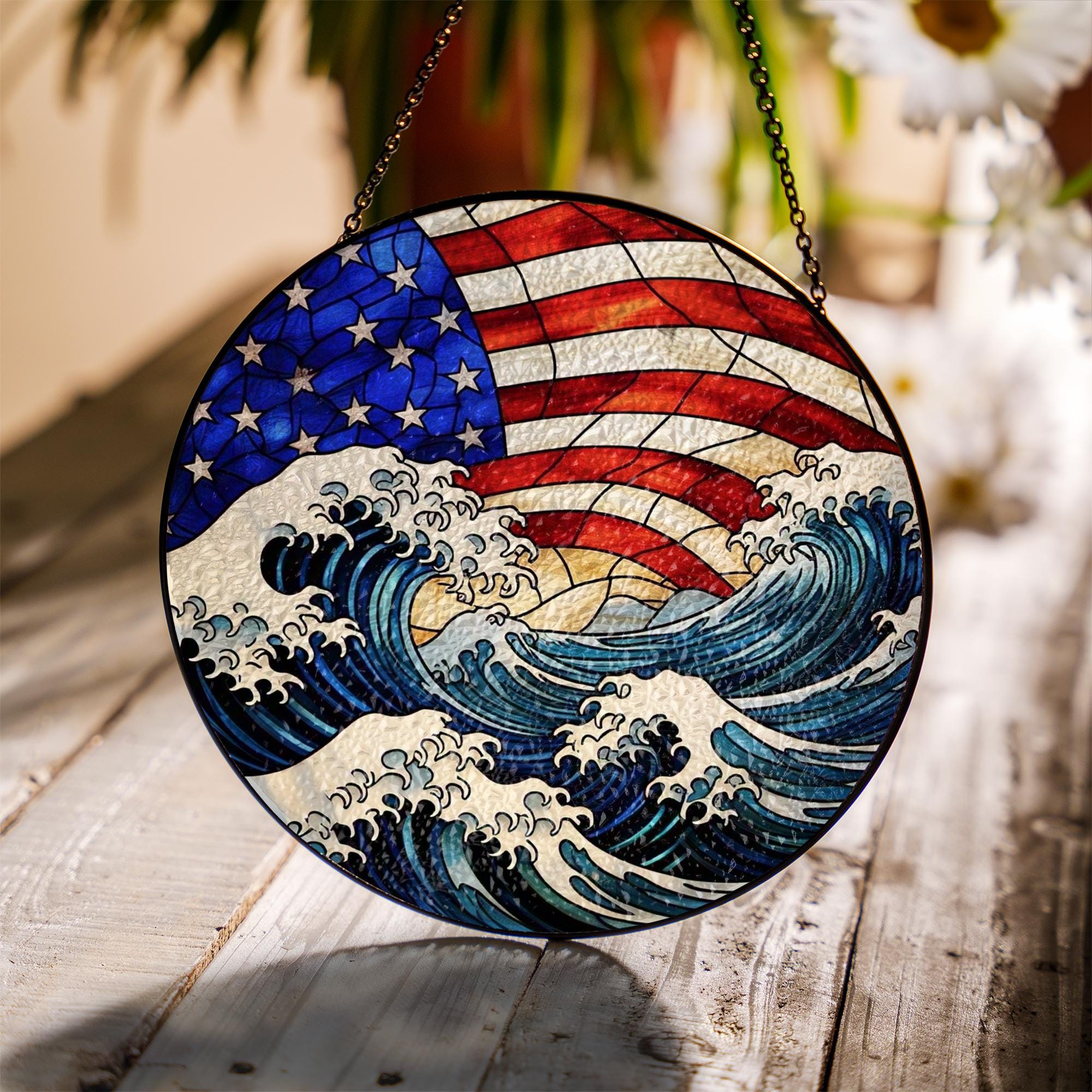 Patriotic Sea and American Flag Glass Suncatcher | Coastal 4th of July Window Decor | Ocean USA Sun Catcher | Nautical Freedom Gift