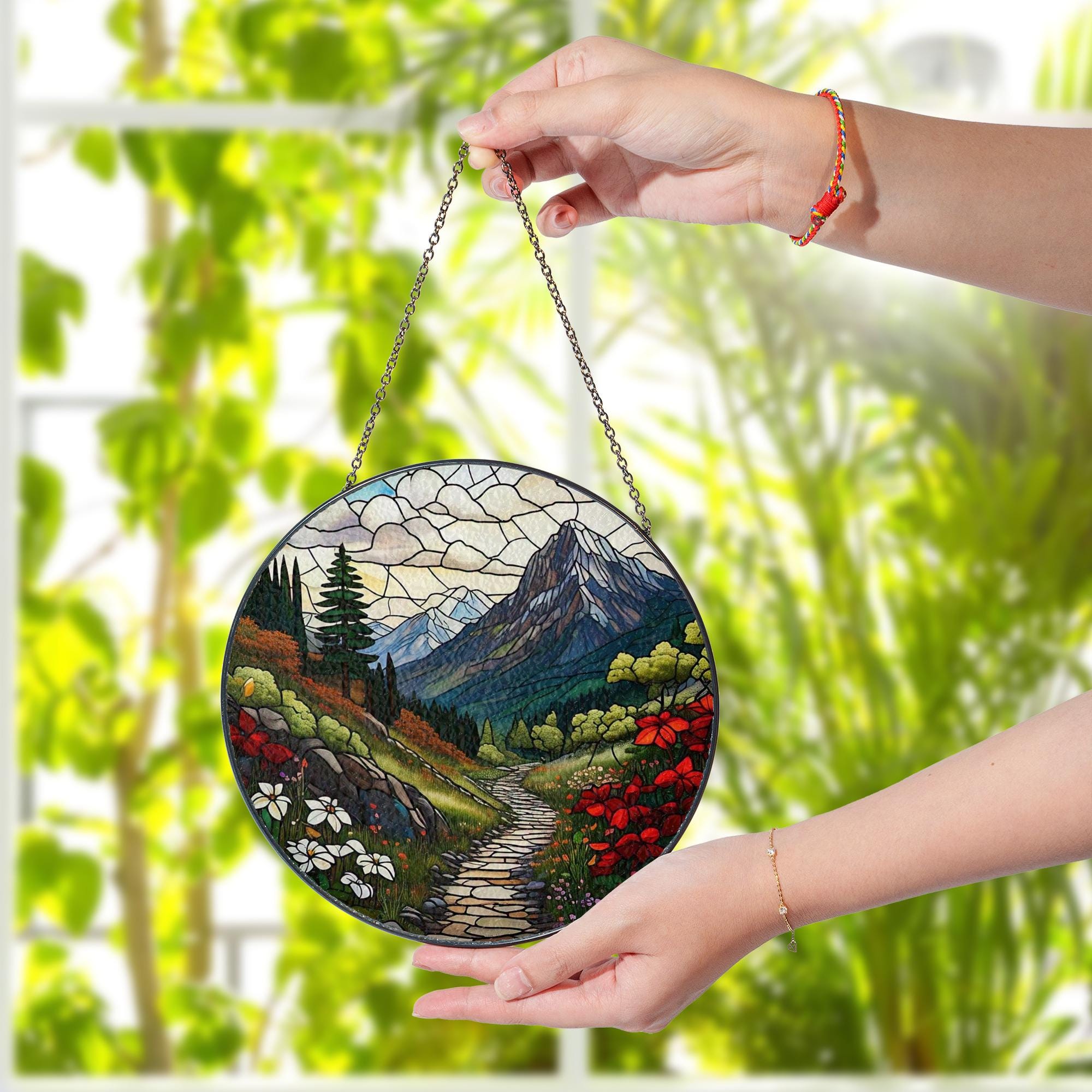 Mountain Glass Suncatcher | Nature Landscape Window Hanging | Rustic Cabin Decor | Outdoor Lover Gift | Handmade Mountain Art