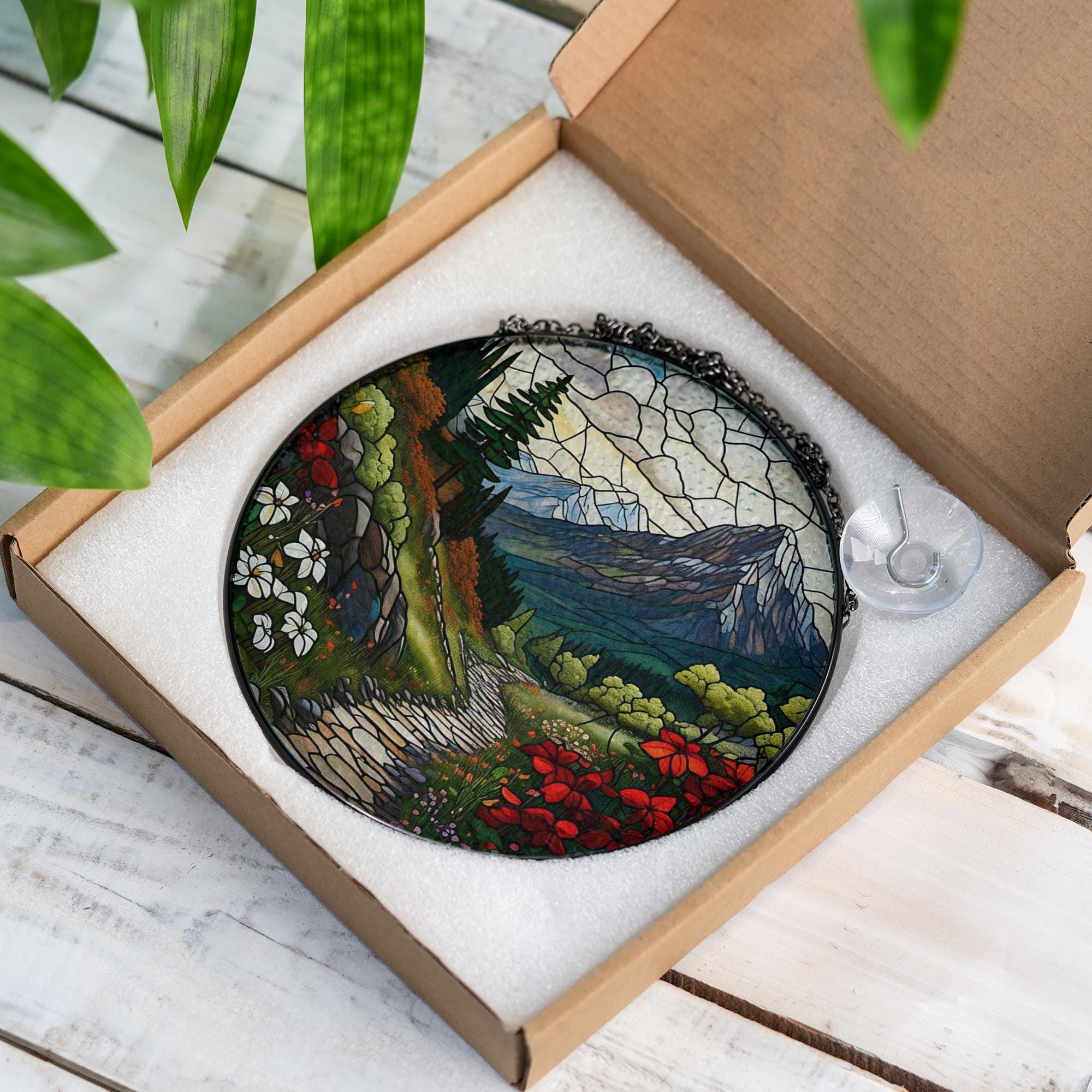 Mountain Glass Suncatcher | Nature Landscape Window Hanging | Rustic Cabin Decor | Outdoor Lover Gift | Handmade Mountain Art